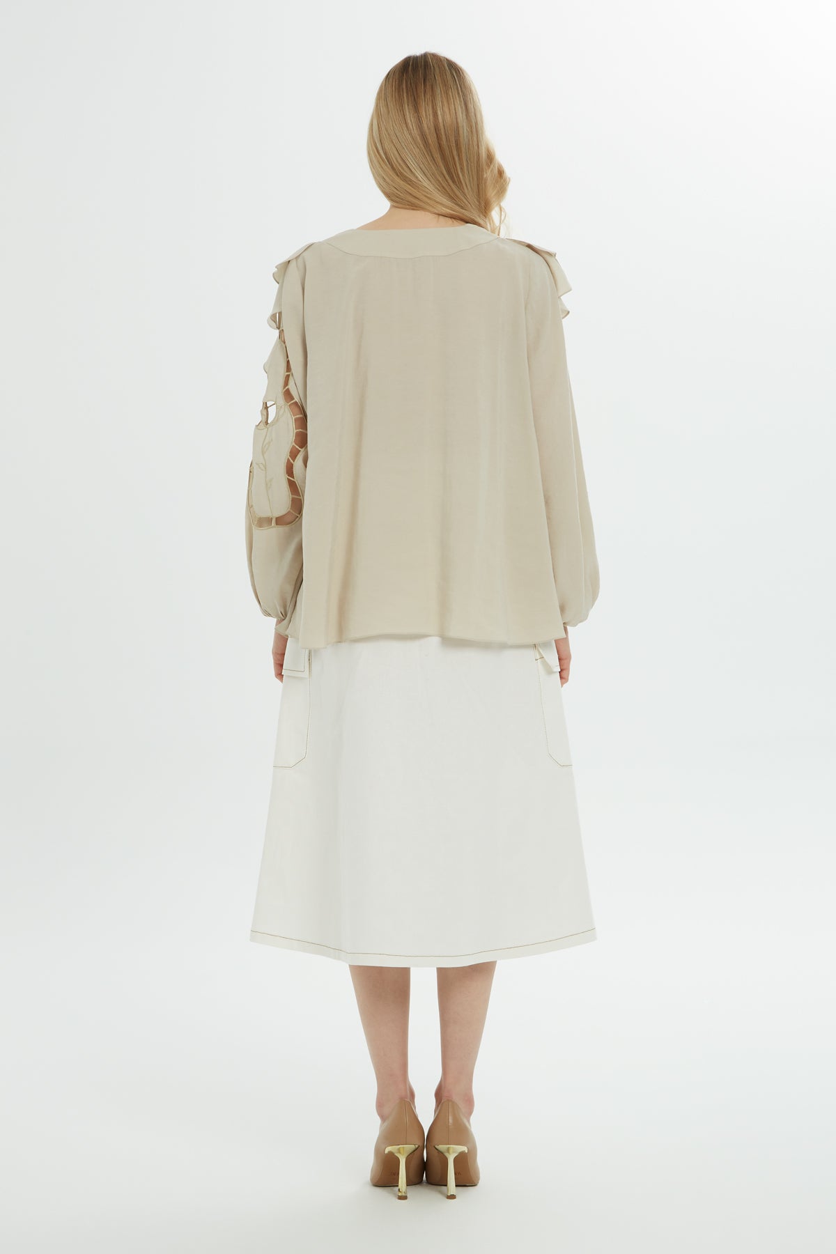 Beige Ruffle Embroidered Blouse