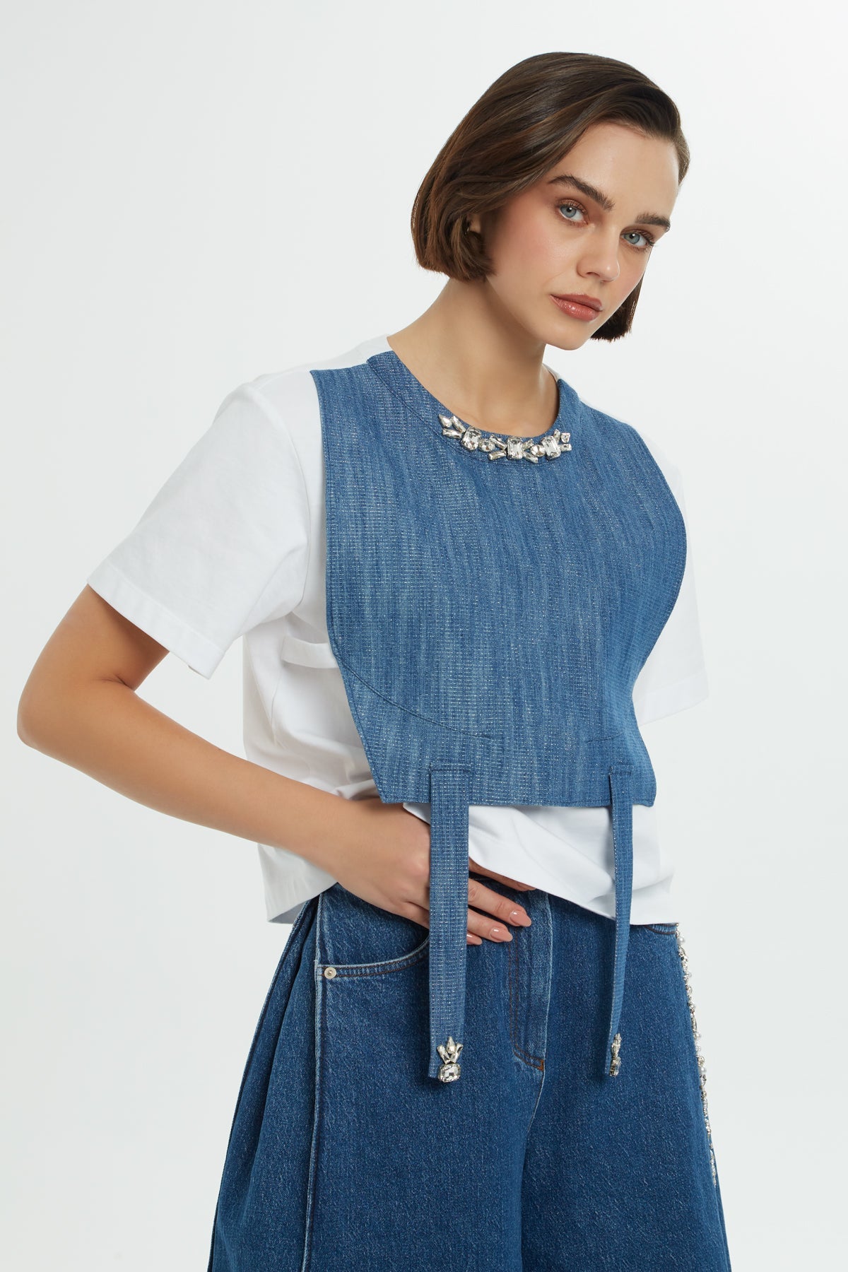 White Denim Embroidered T-Shirt