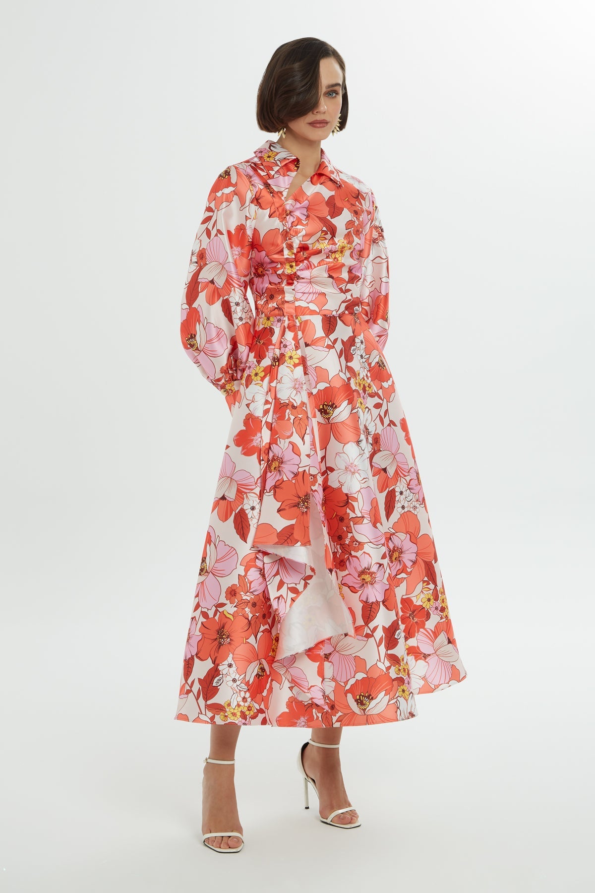 Printed Long-Sleeve Midi Dress