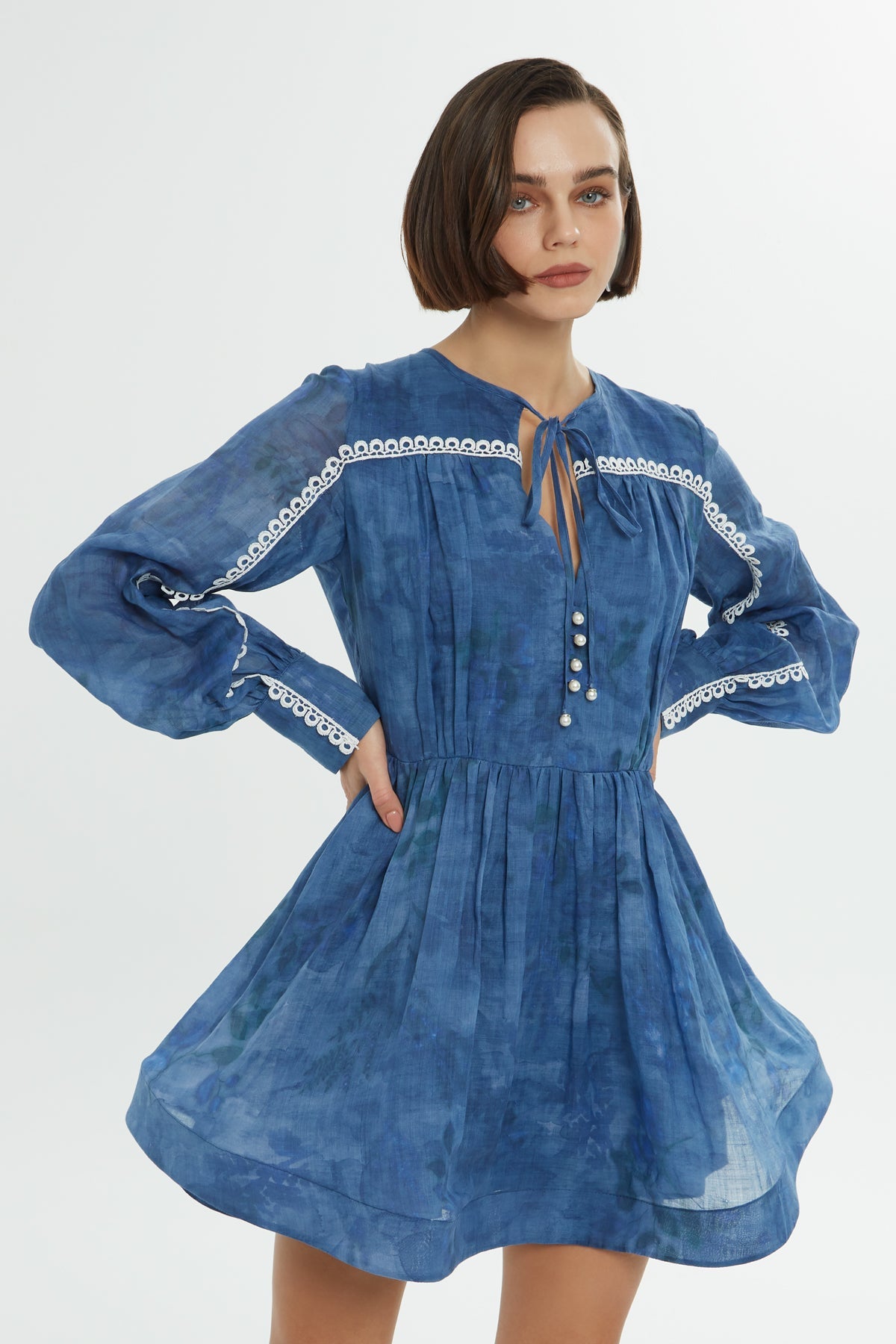 Blue Short Dress with Lace Details