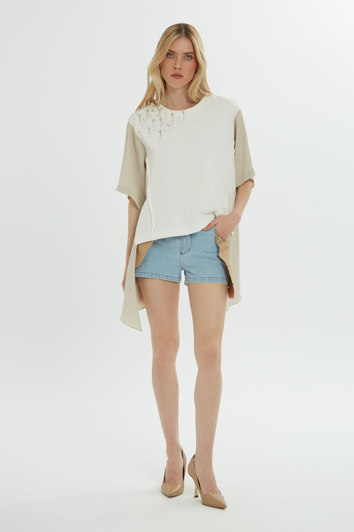 Asymmetrical Beaded Stone Blouse