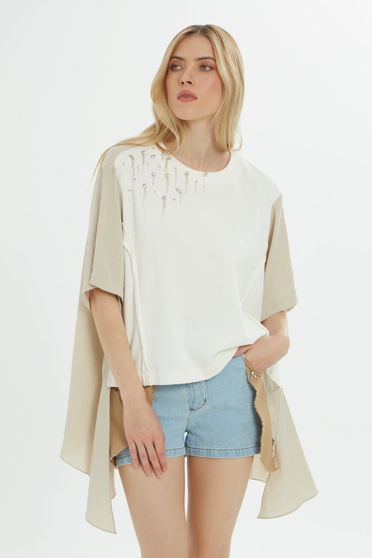 Asymmetrical Beaded Stone Blouse