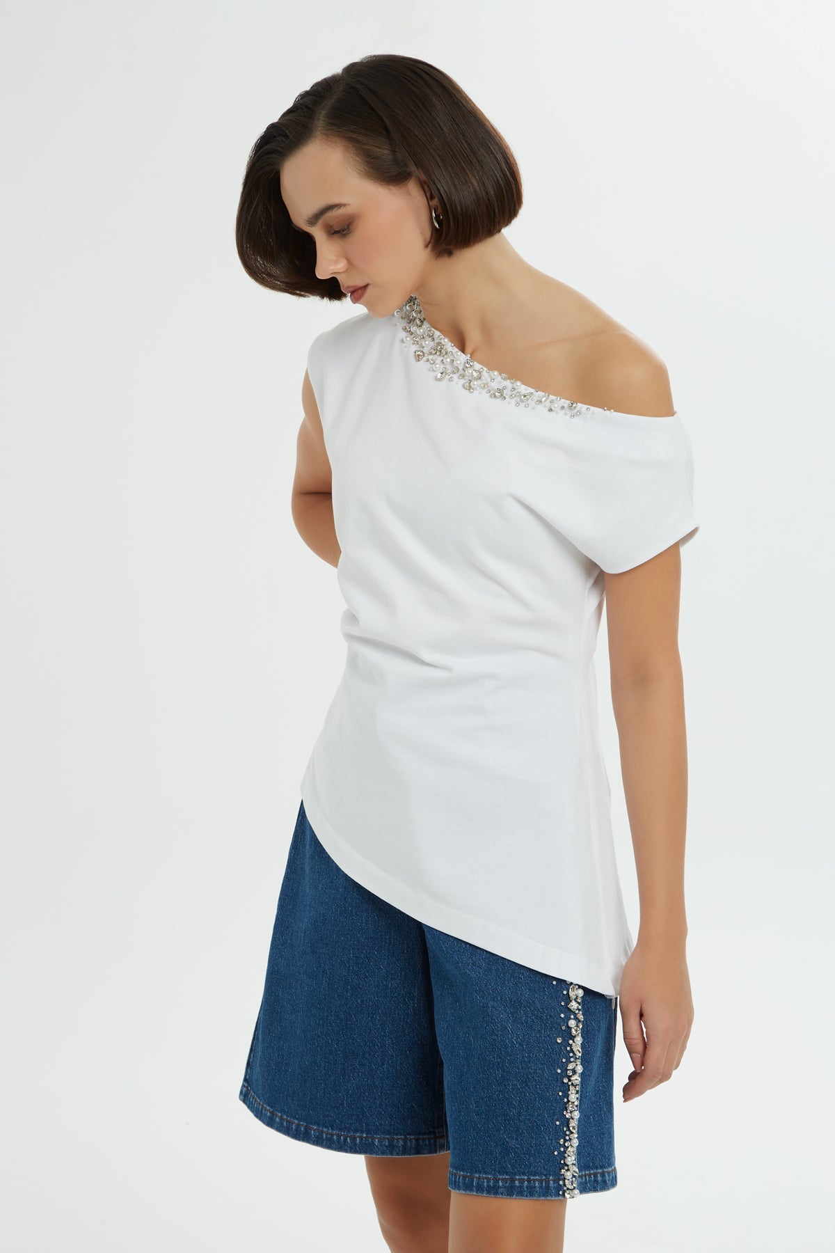 White One-Shoulder Crystal Trim Blouse