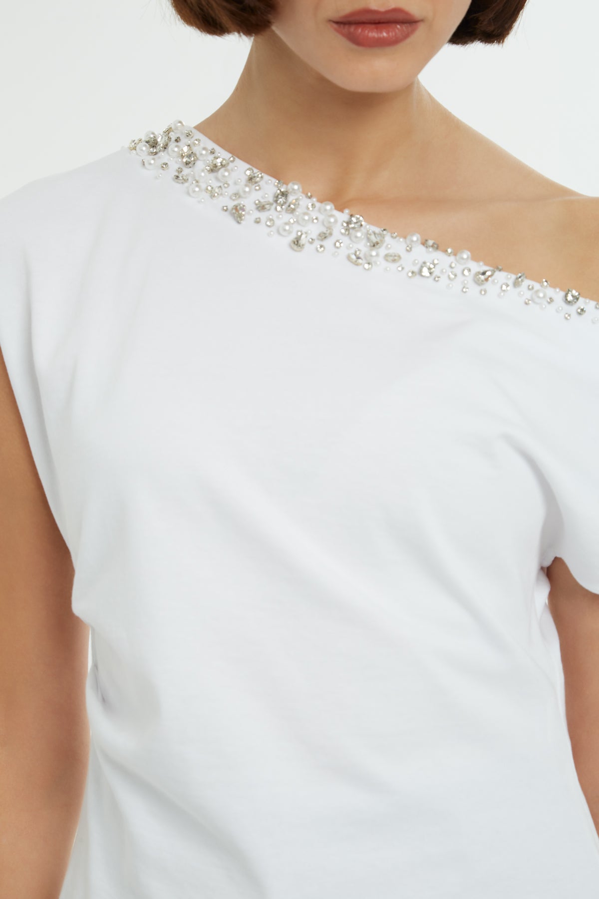 White One-Shoulder Crystal Trim Blouse