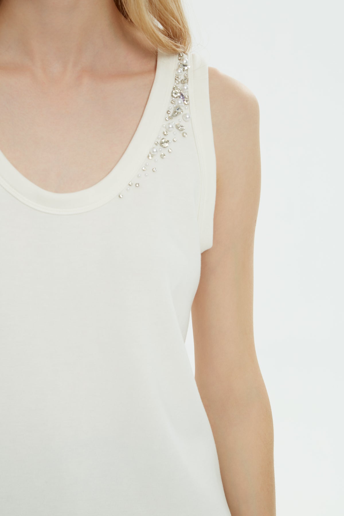 Ecru Beaded Stone Accent Blouse