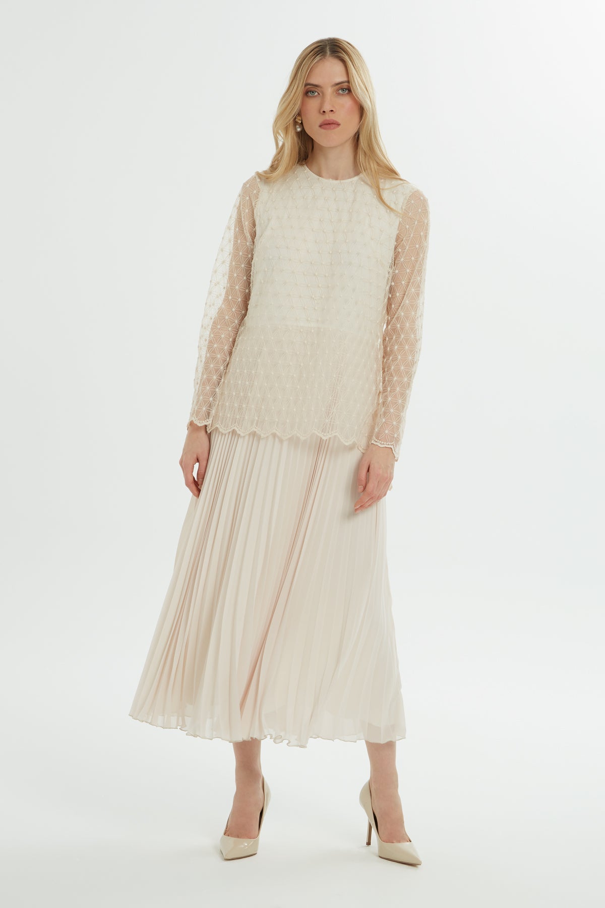 Ecru Pleated Dress with Tulle Detail