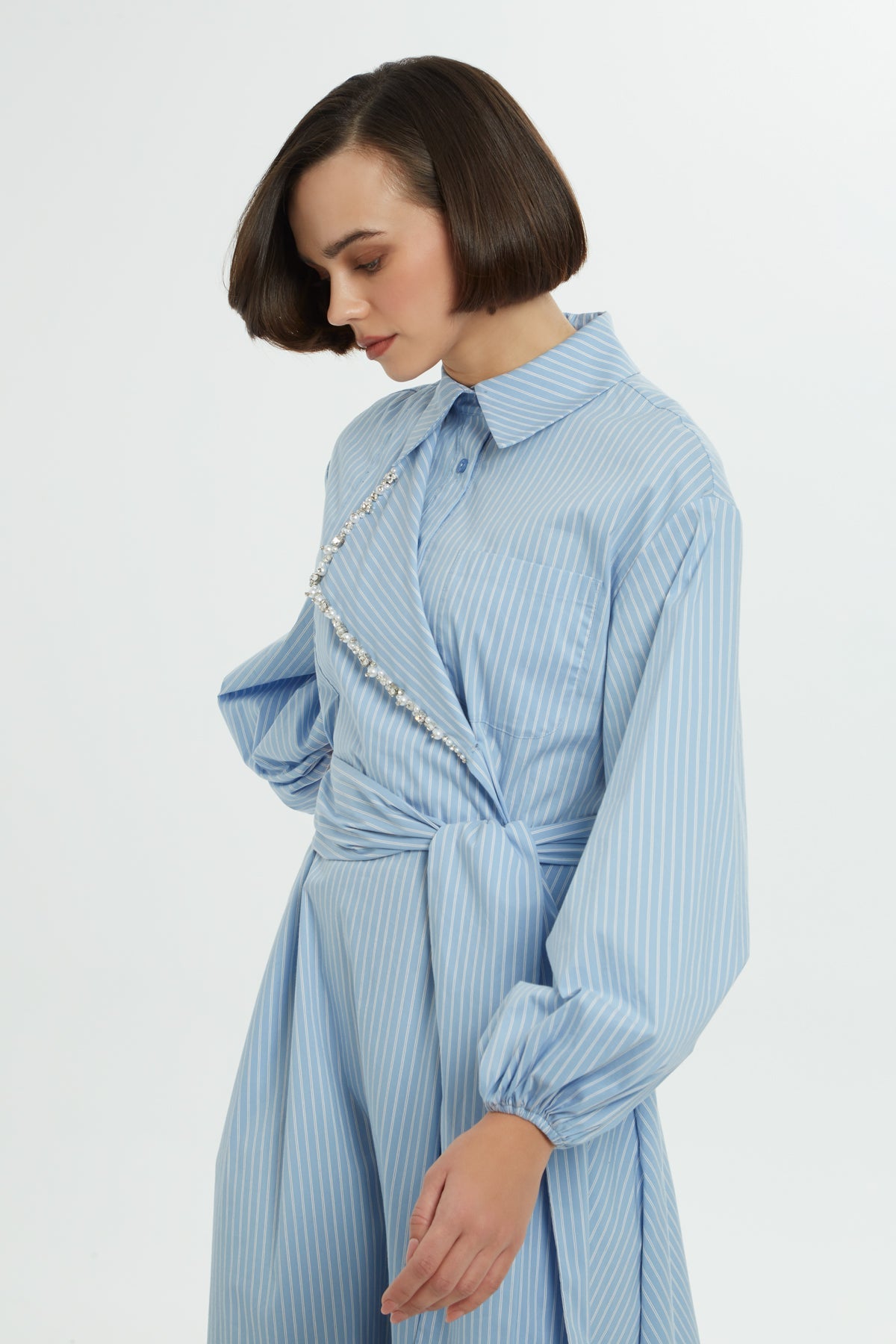 Blue Midi Dress with Shirt Collar