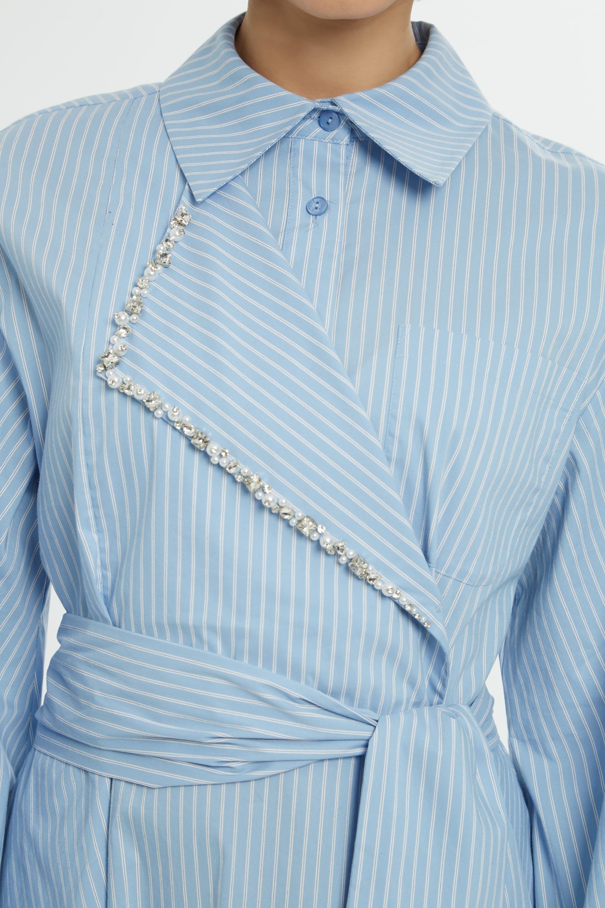 Blue Midi Dress with Shirt Collar