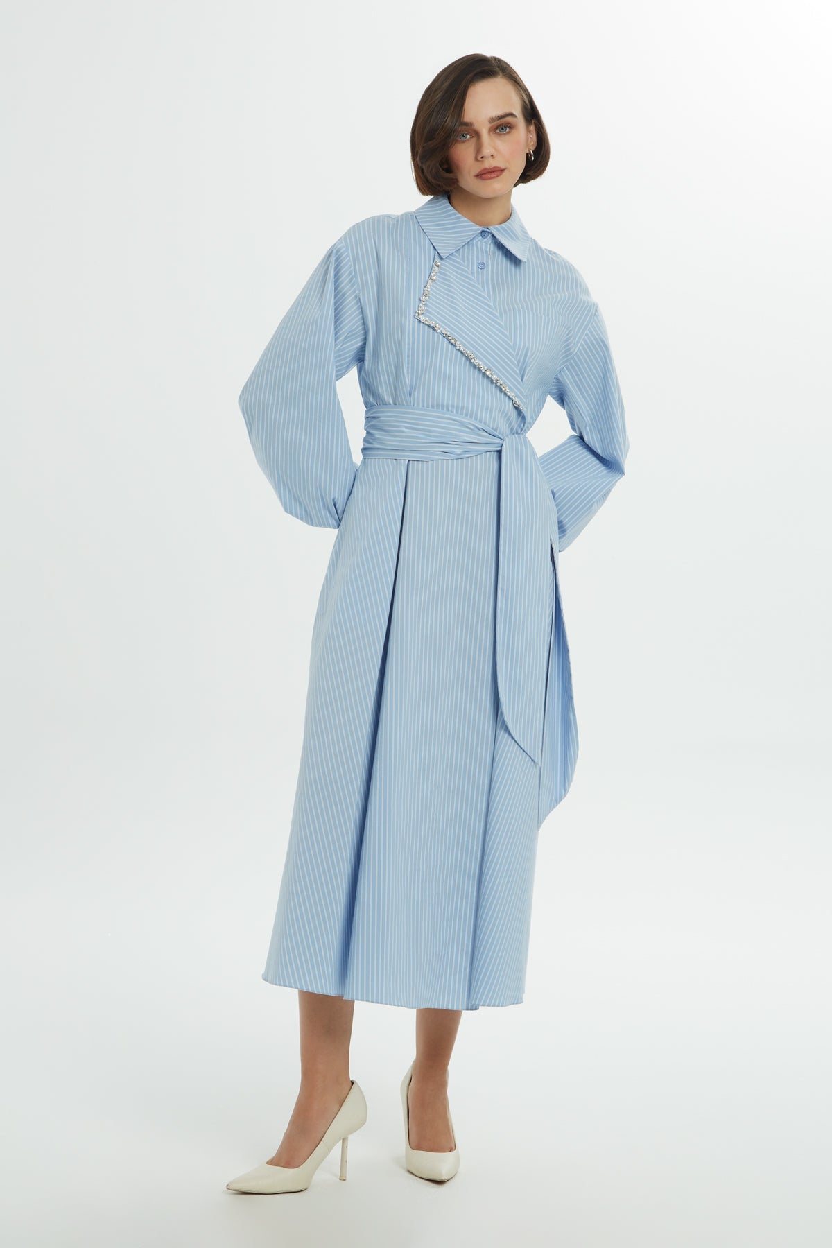 Blue Midi Dress with Shirt Collar