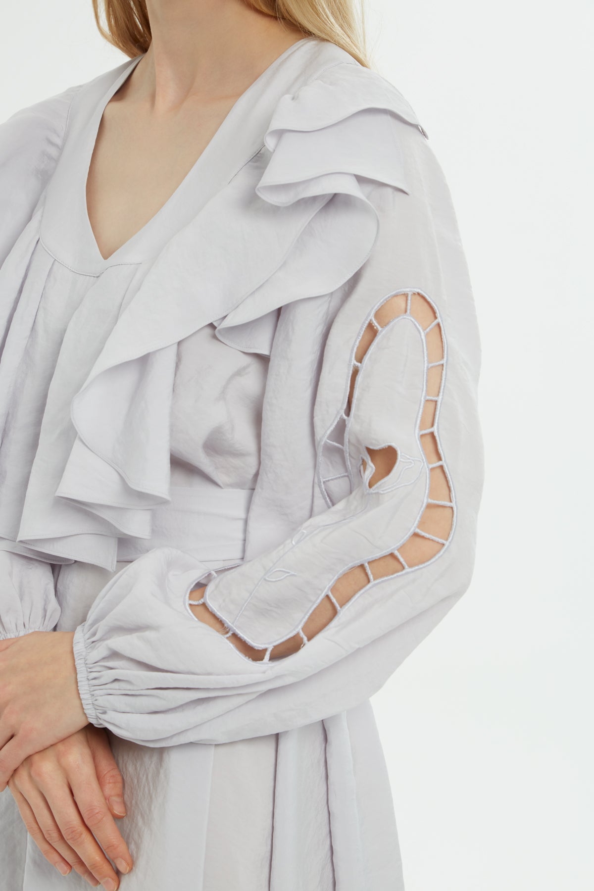 Grey Ruffle-Detail Midi Dress