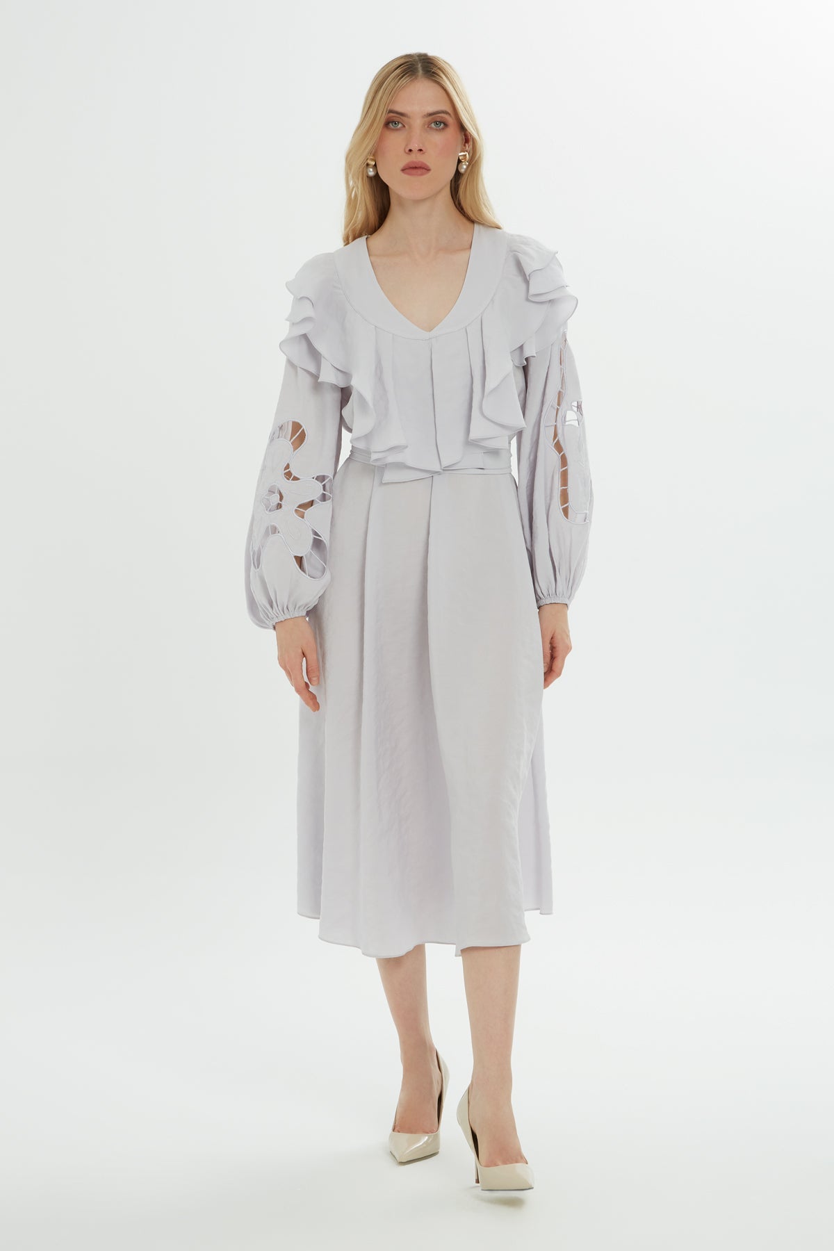 Grey Ruffle-Detail Midi Dress