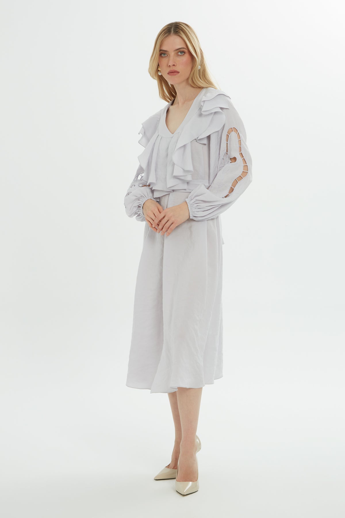 Grey Ruffle-Detail Midi Dress