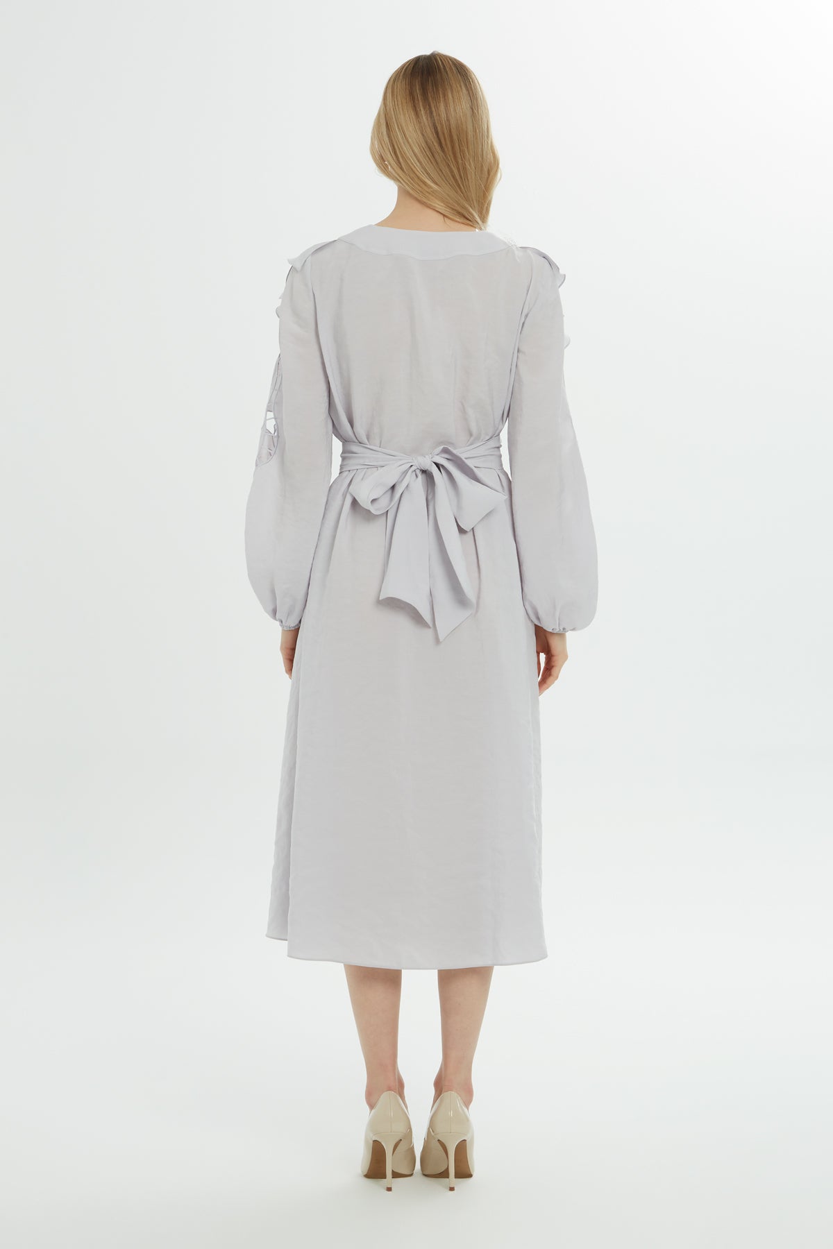 Grey Ruffle-Detail Midi Dress