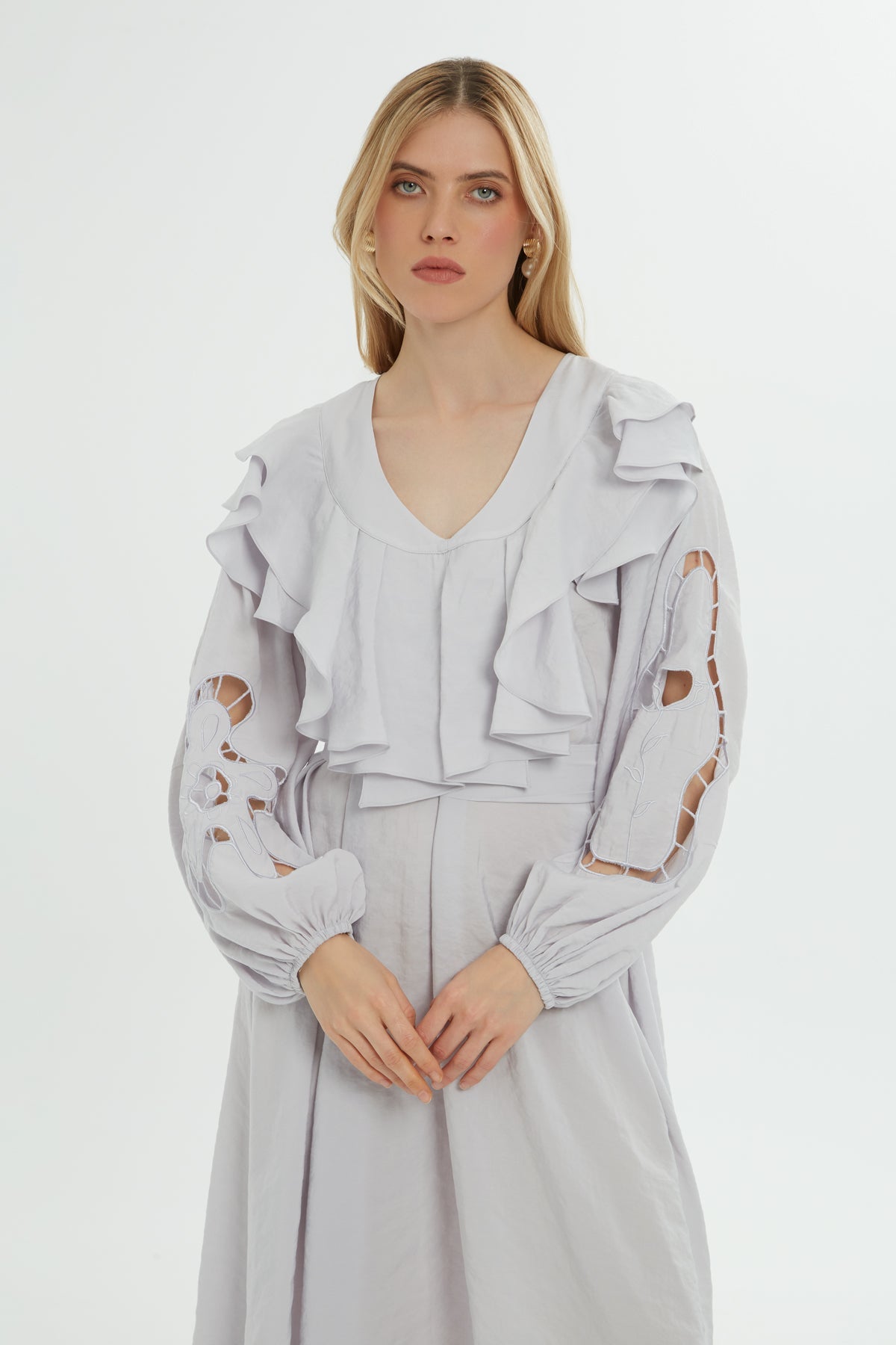 Grey Ruffle-Detail Midi Dress