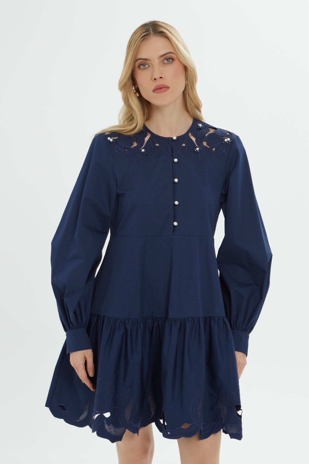 Navy Pearl-Button Short Dress