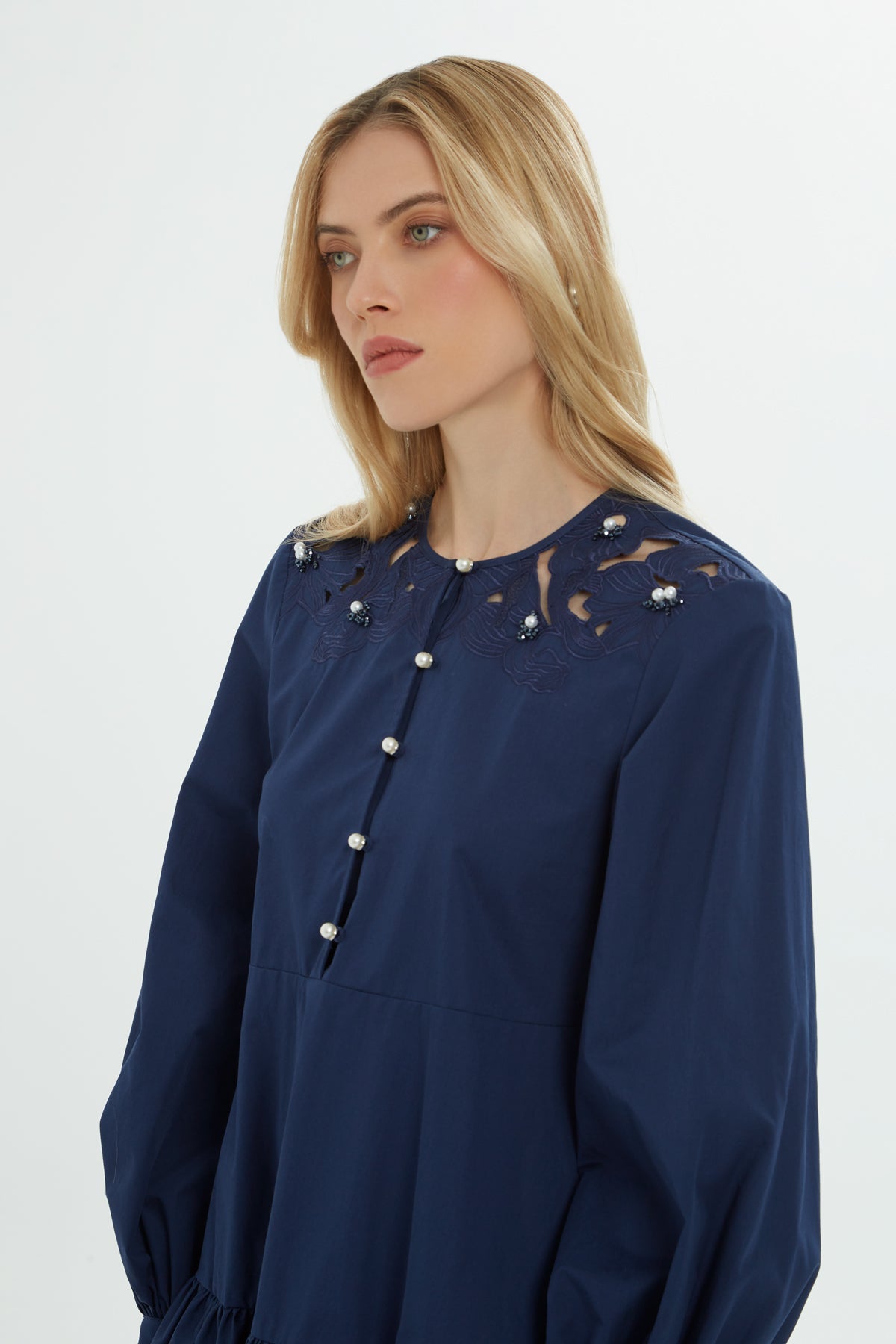 Navy Pearl-Button Short Dress