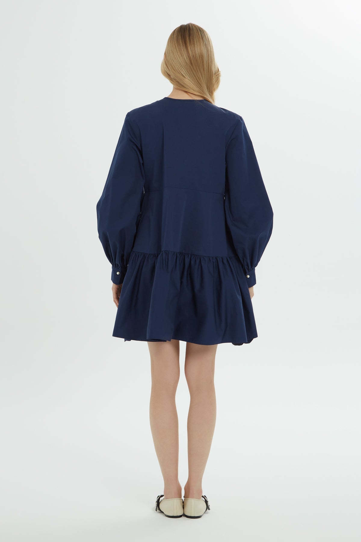 Navy Pearl-Button Short Dress