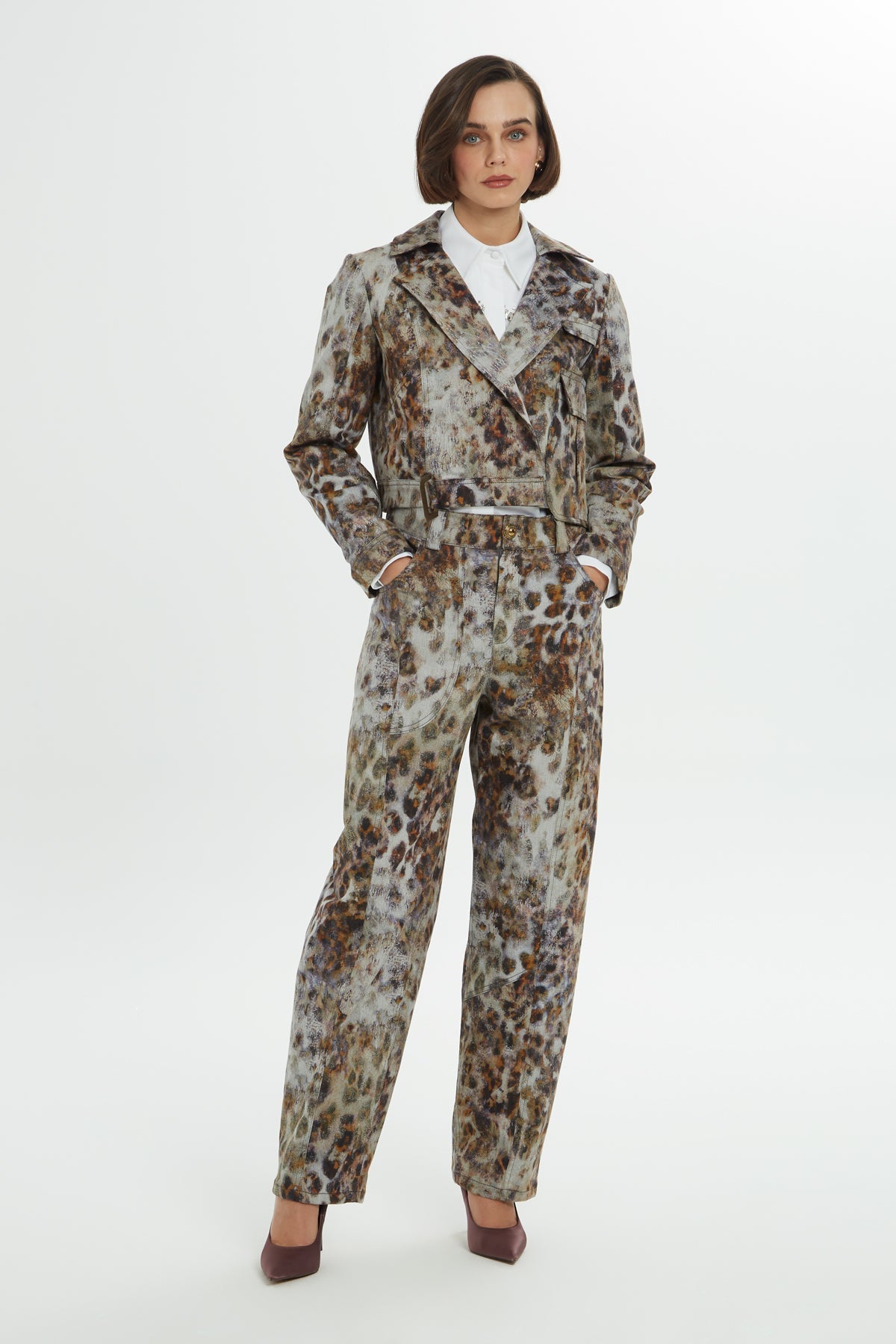 Brown Leopard-Print Cropped Blazer