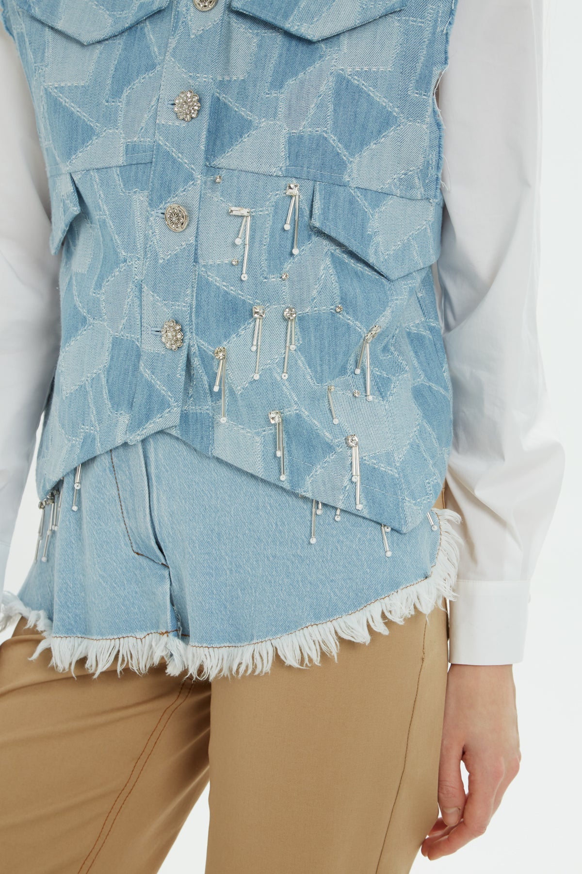 Blue Pocketed Embroidered Denim Vest