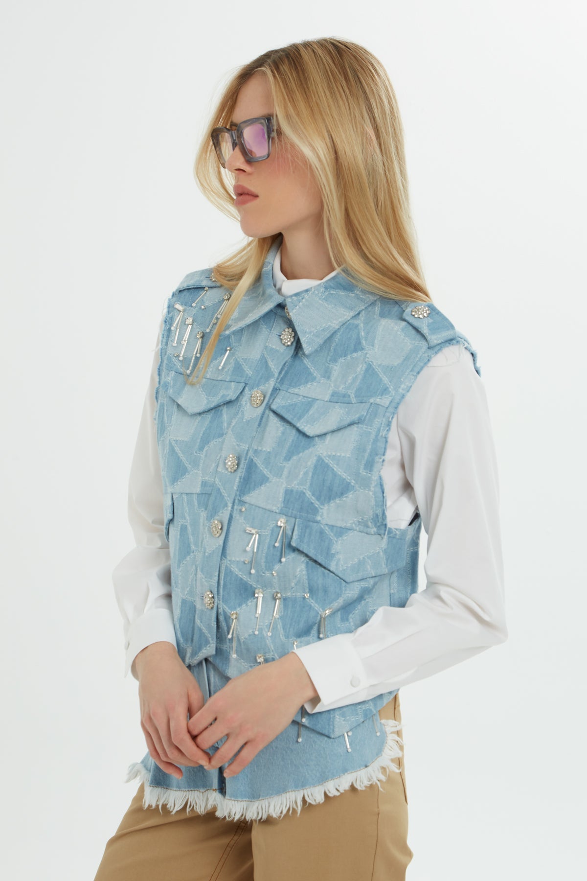 Blue Pocketed Embroidered Denim Vest
