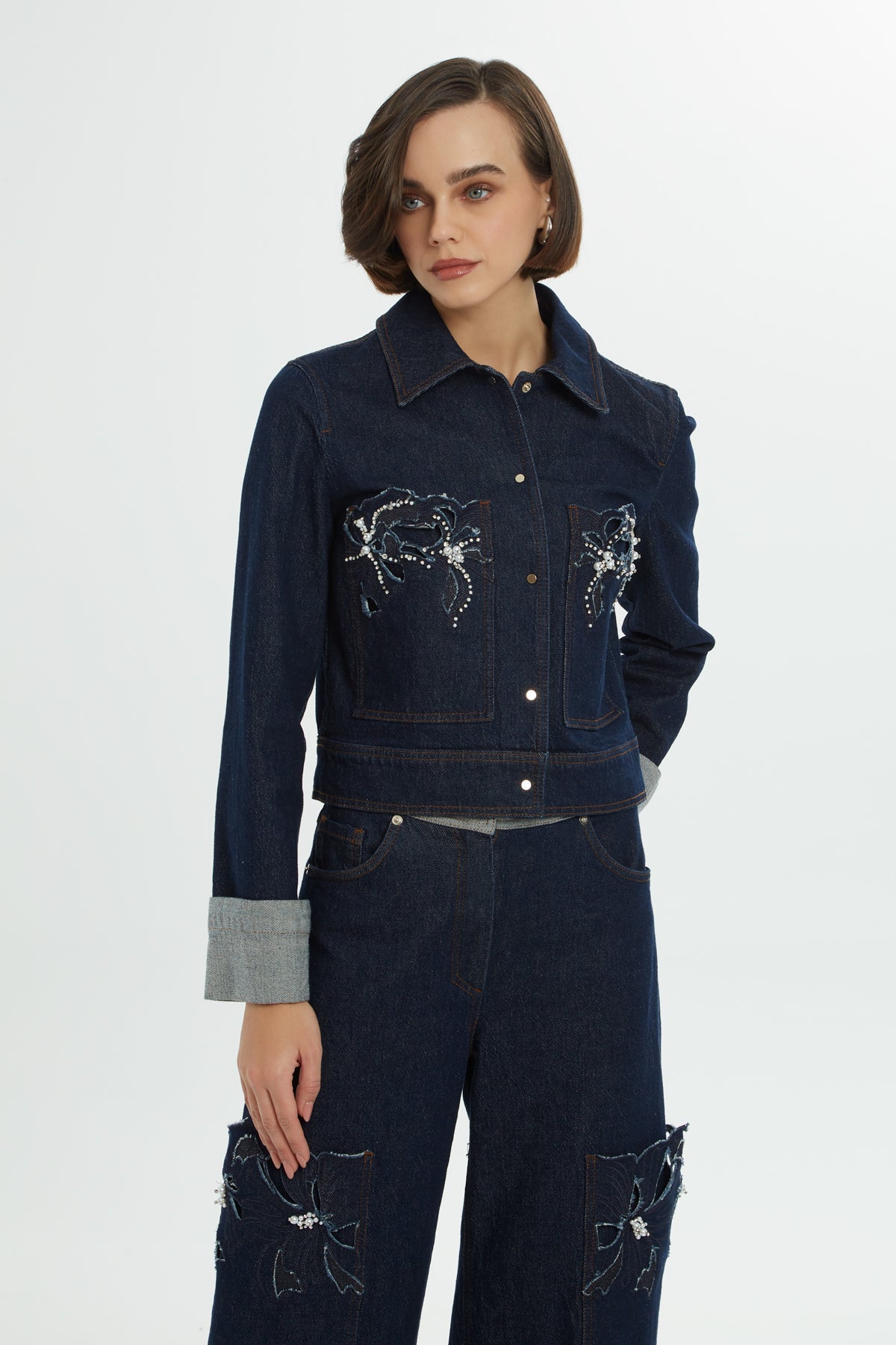 Blue Pearl-Embroidered Denim Jacket