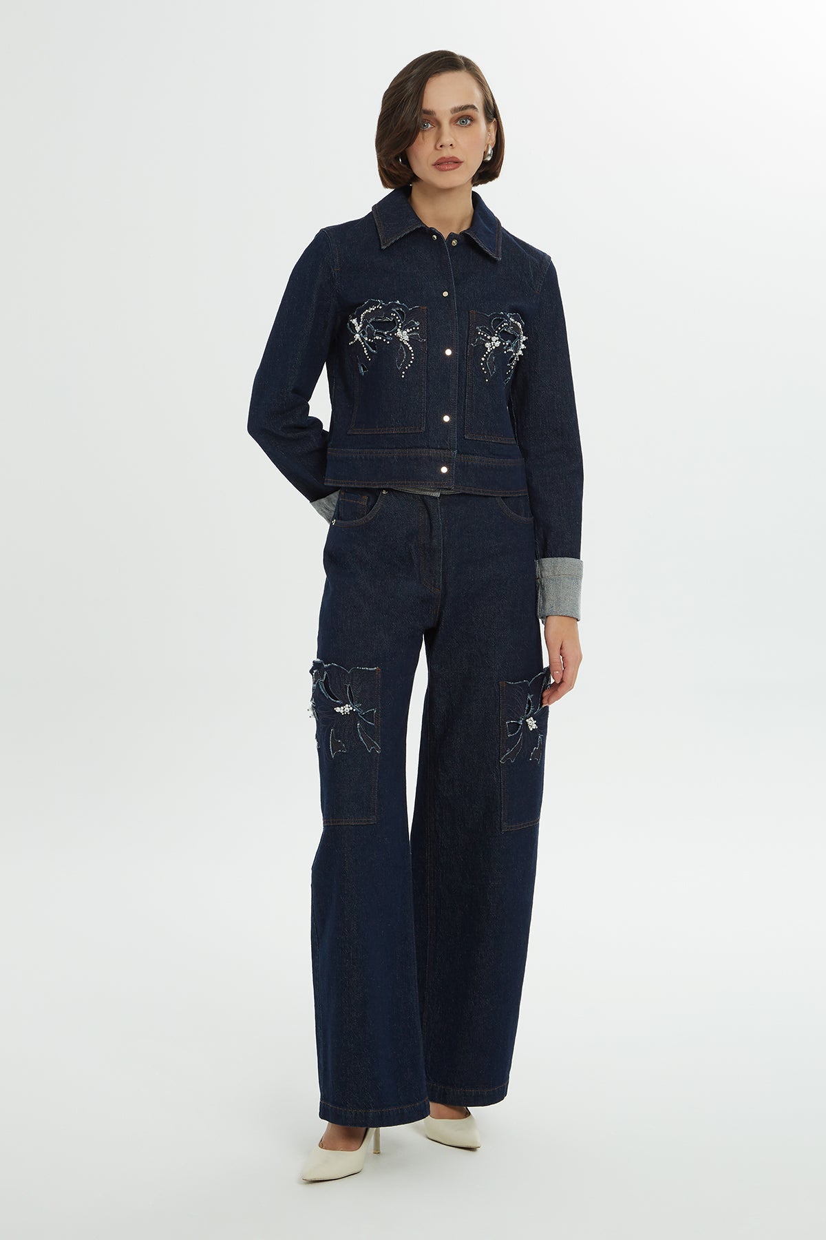 Blue Pearl-Embroidered Denim Jacket