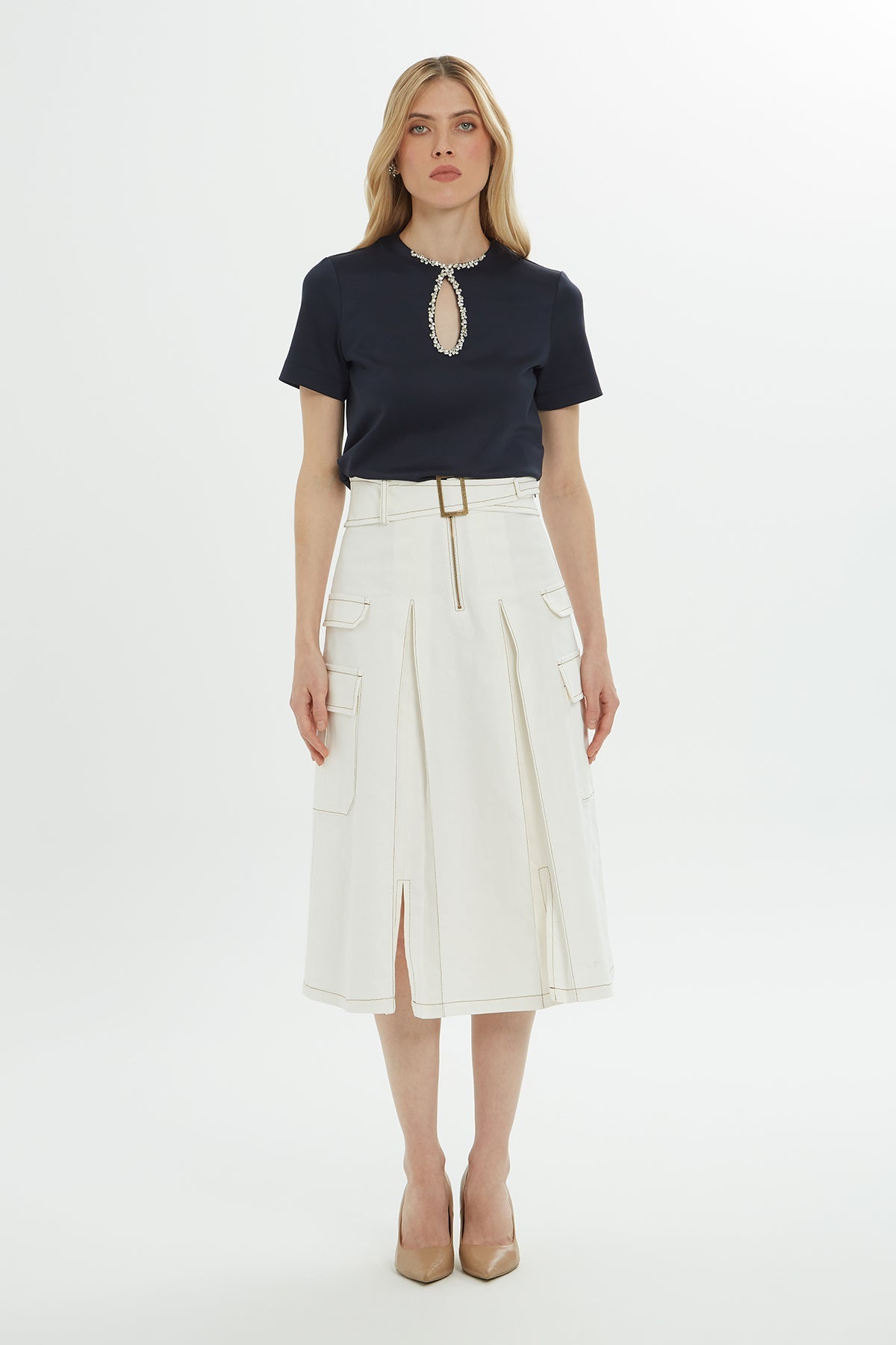 Ecru Belted Midi Skirt