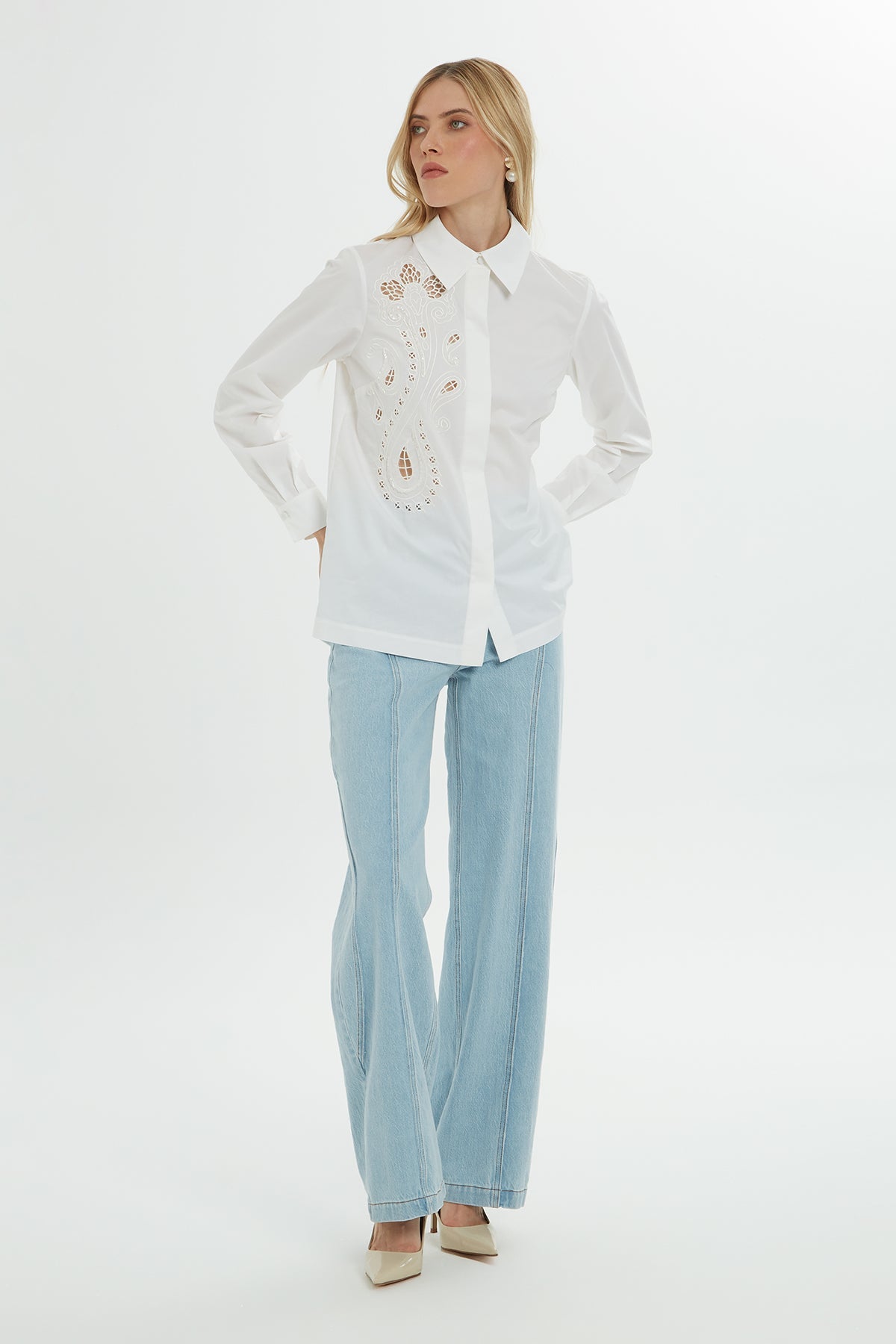 White Cutout Long-Sleeve Shirt