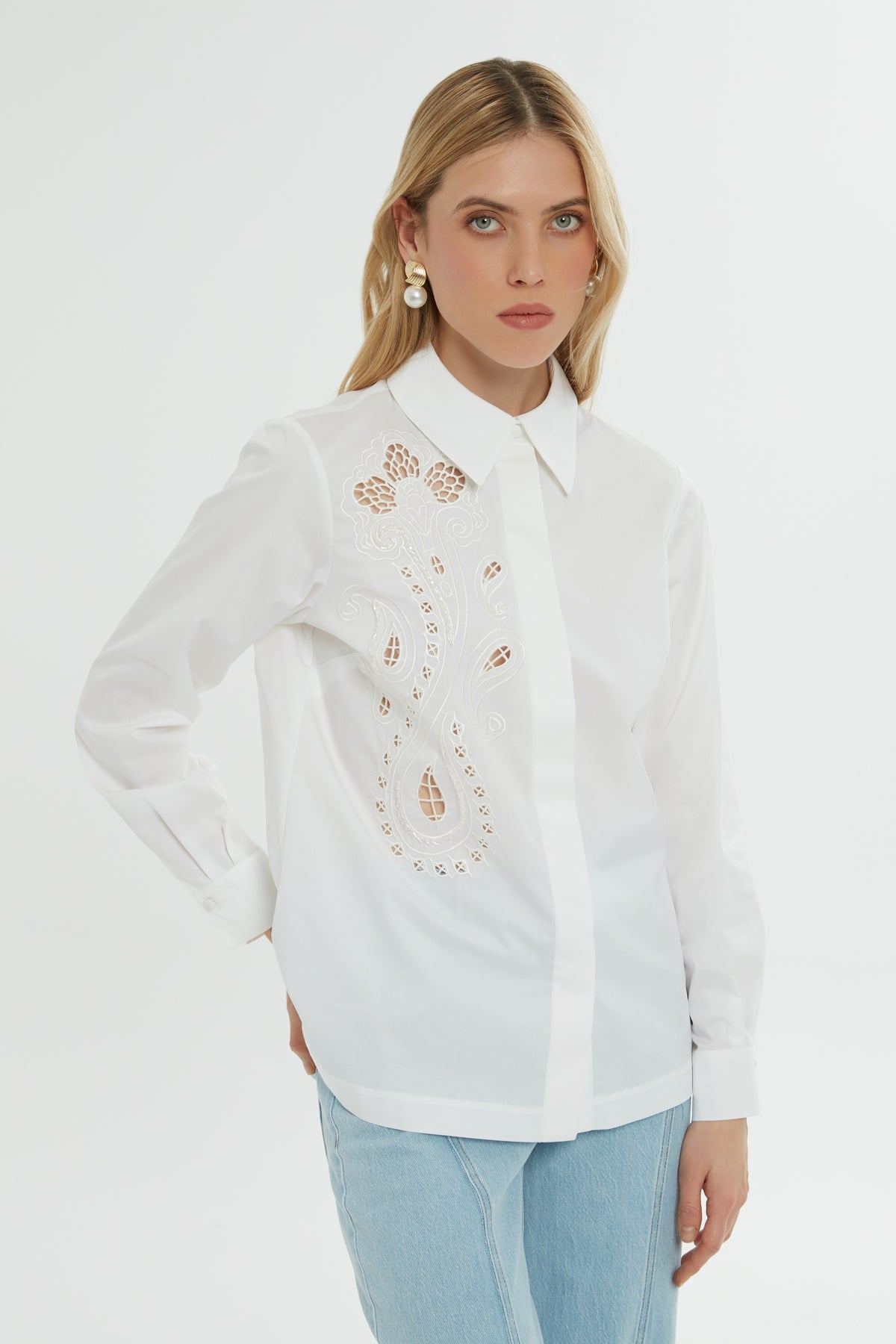 White Cutout Long-Sleeve Shirt