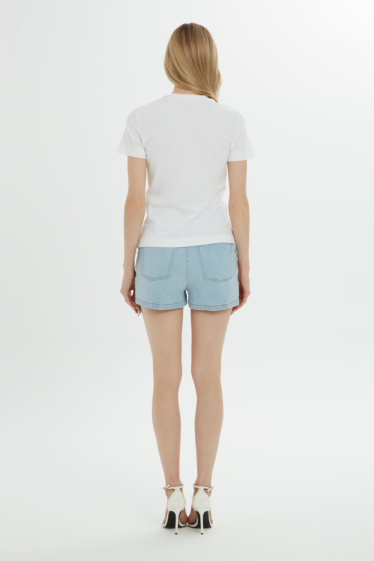 White T-Shirt with Stone-Embellished Collar