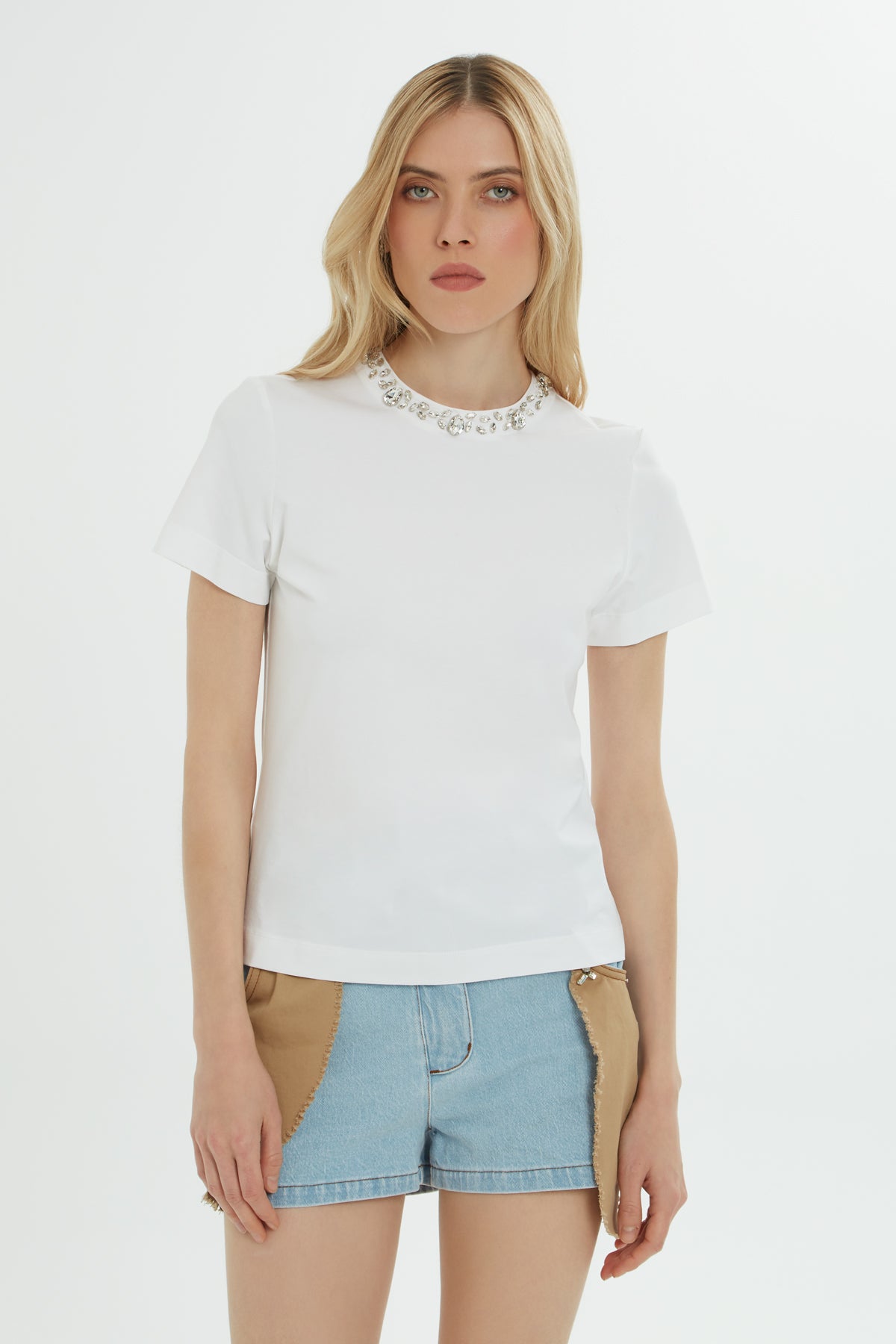 White T-Shirt with Stone-Embellished Collar