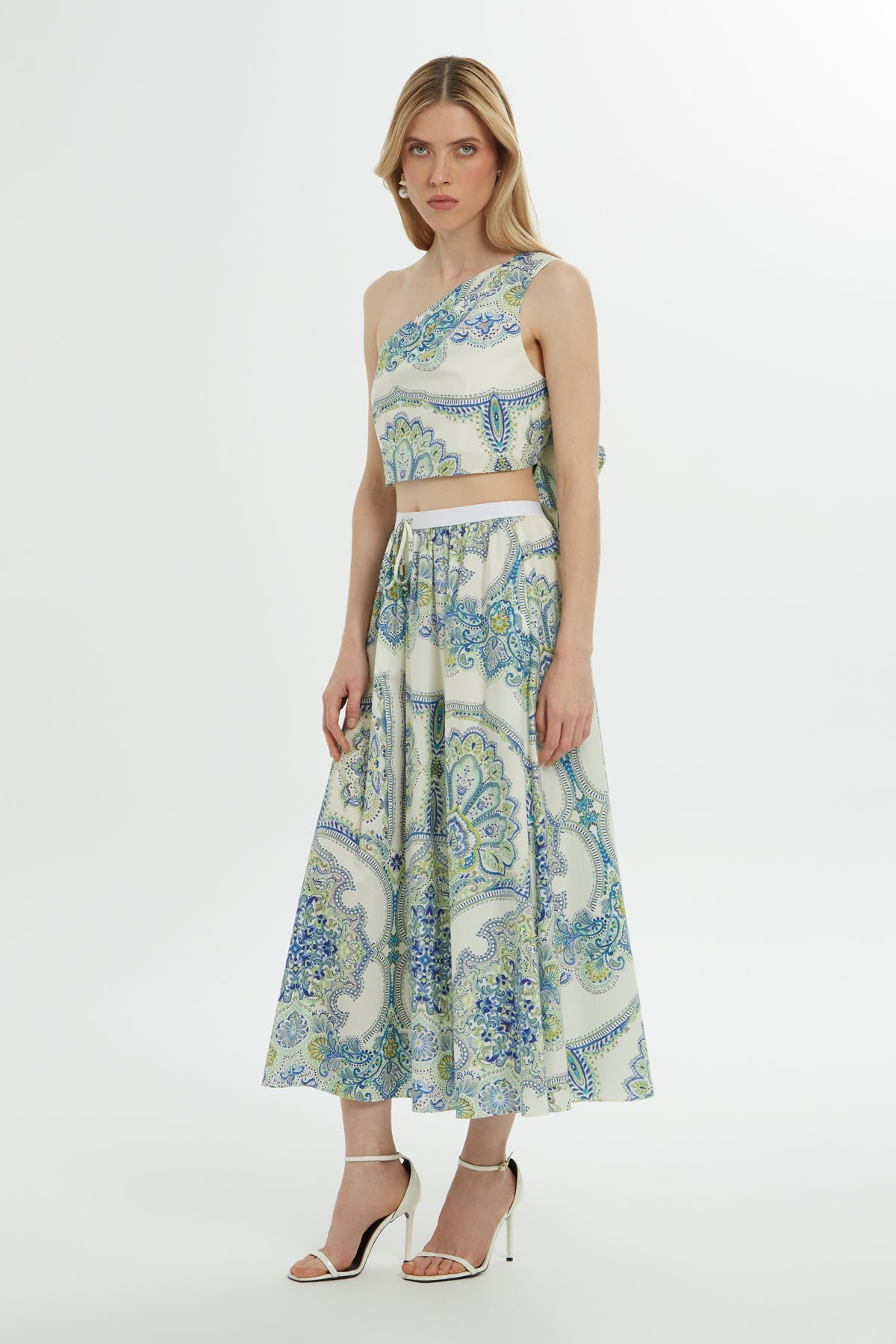 Blue Patterned Cotton Midi Skirt