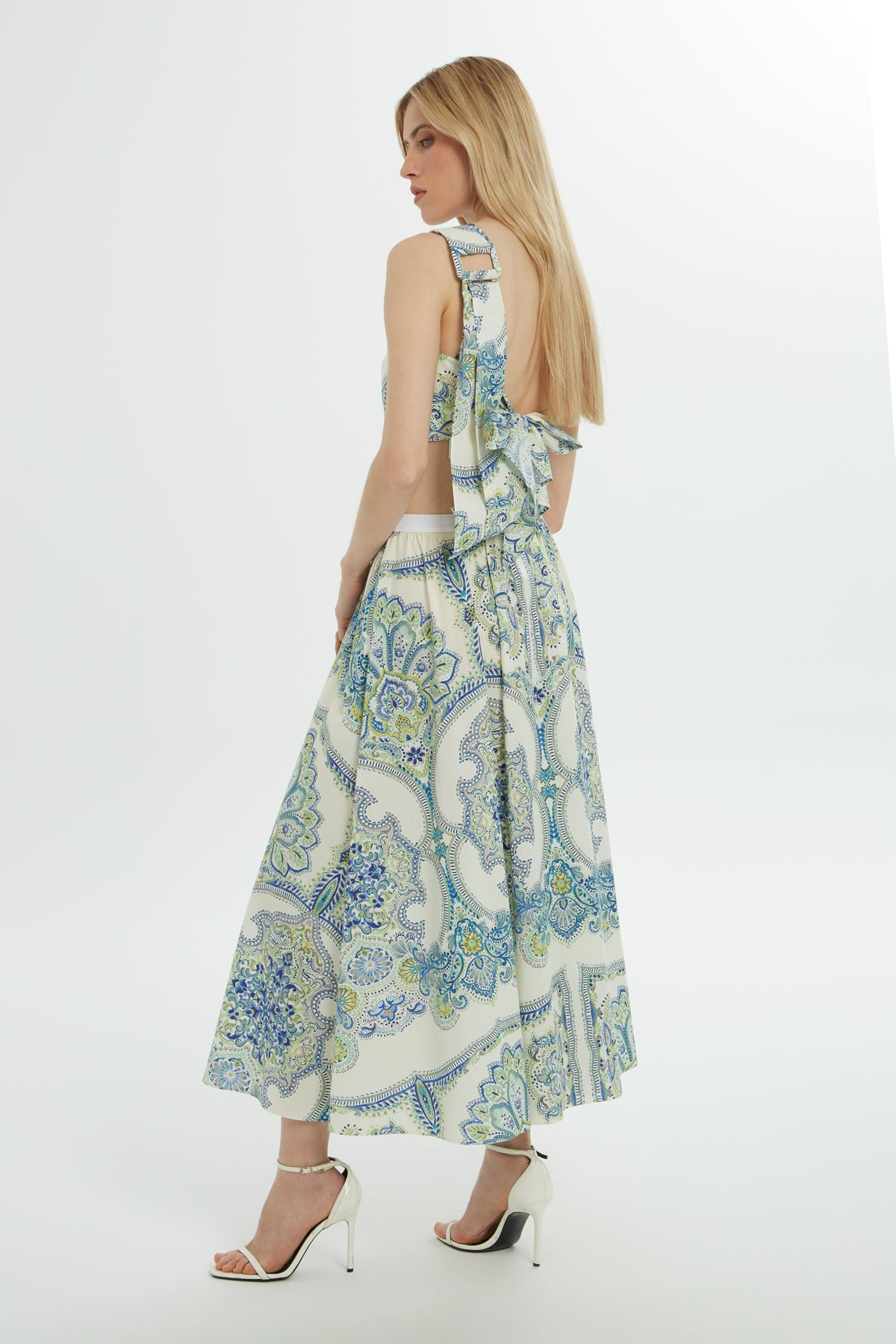 Blue Patterned Cotton Midi Skirt