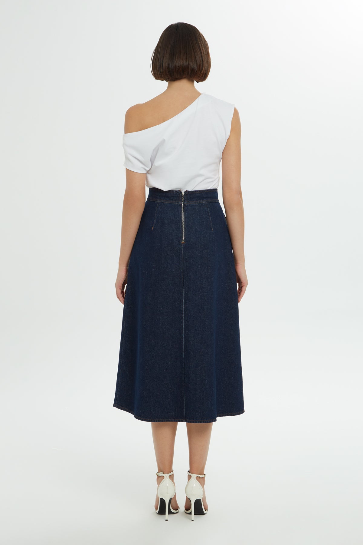 Blue Slit-Detail Midi Denim Skirt