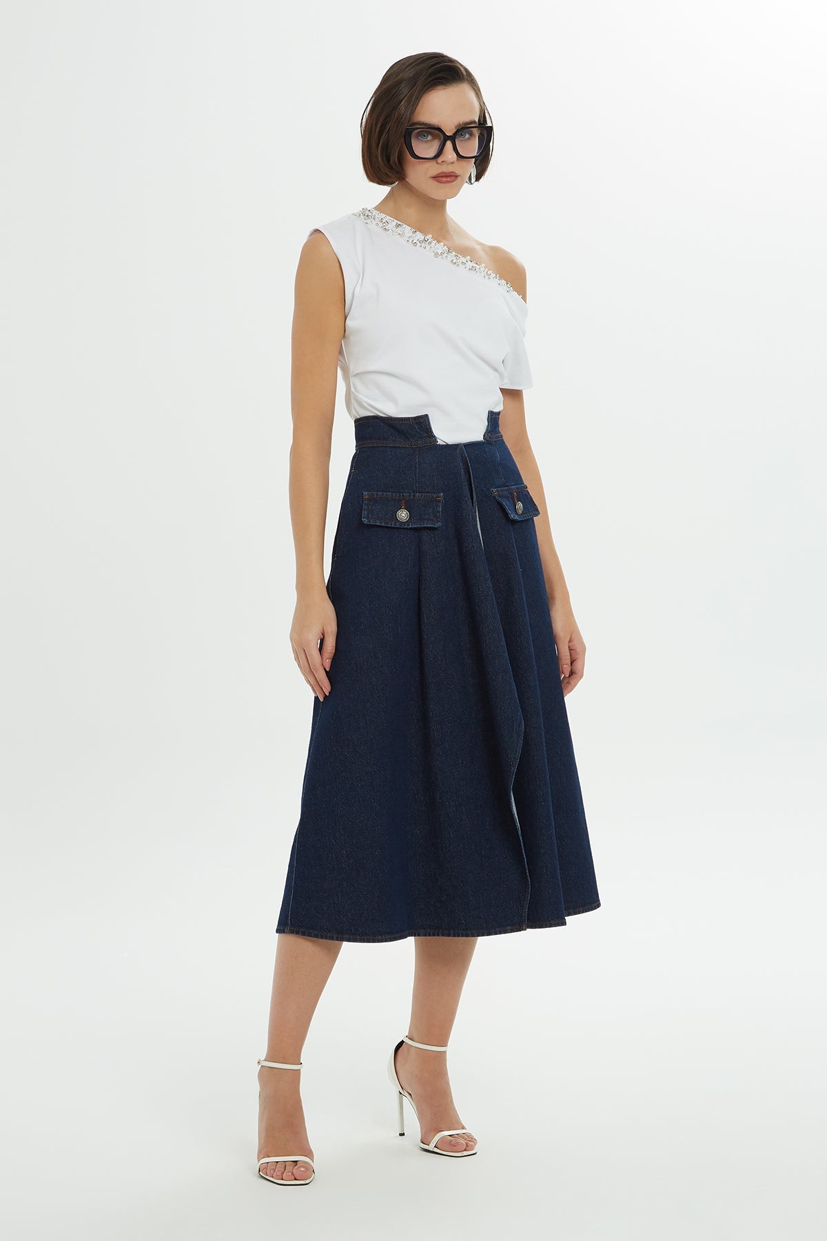 Blue Slit-Detail Midi Denim Skirt