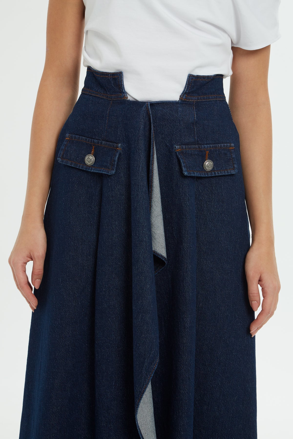 Blue Slit-Detail Midi Denim Skirt