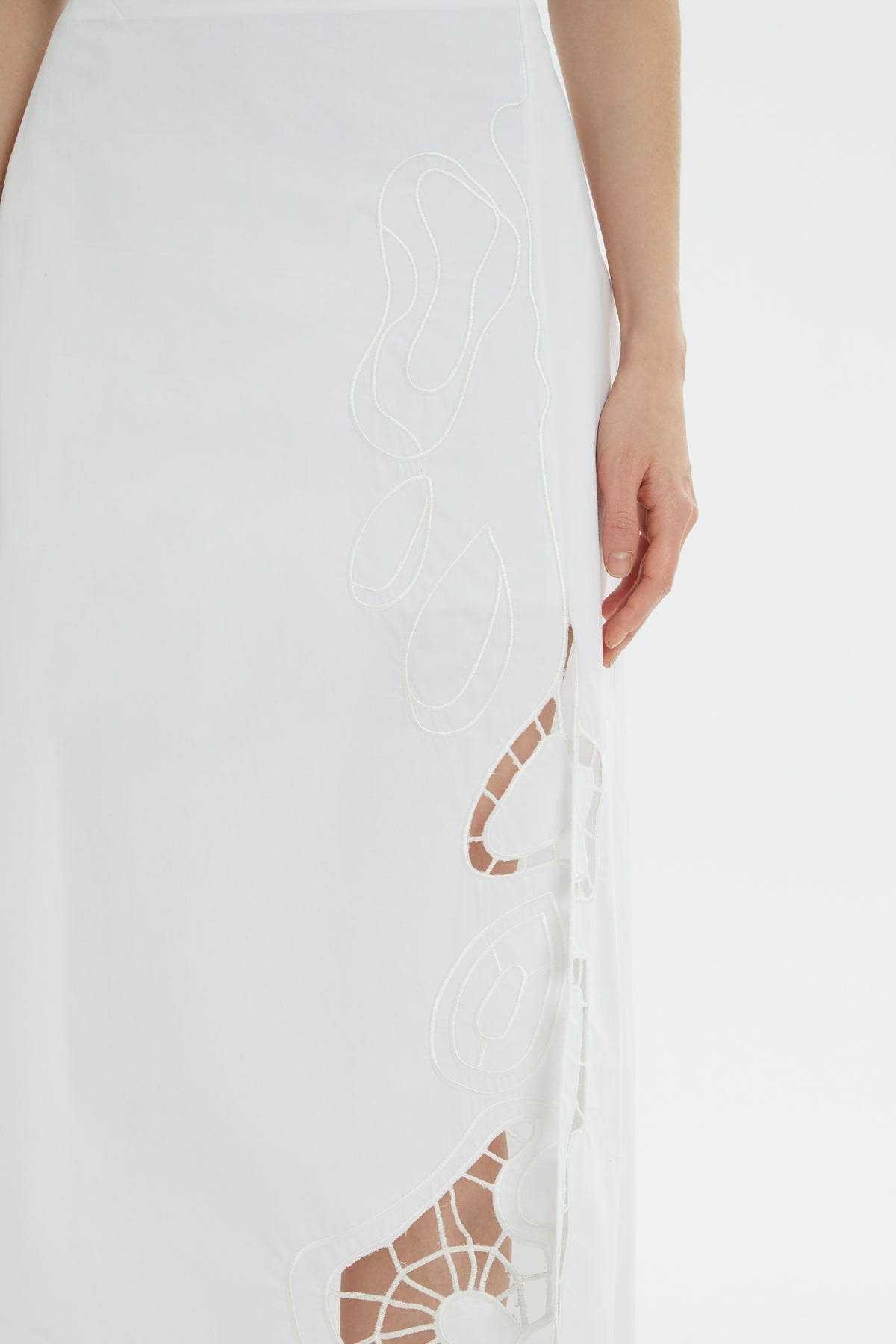 White Embroidered Cotton Midi Skirt