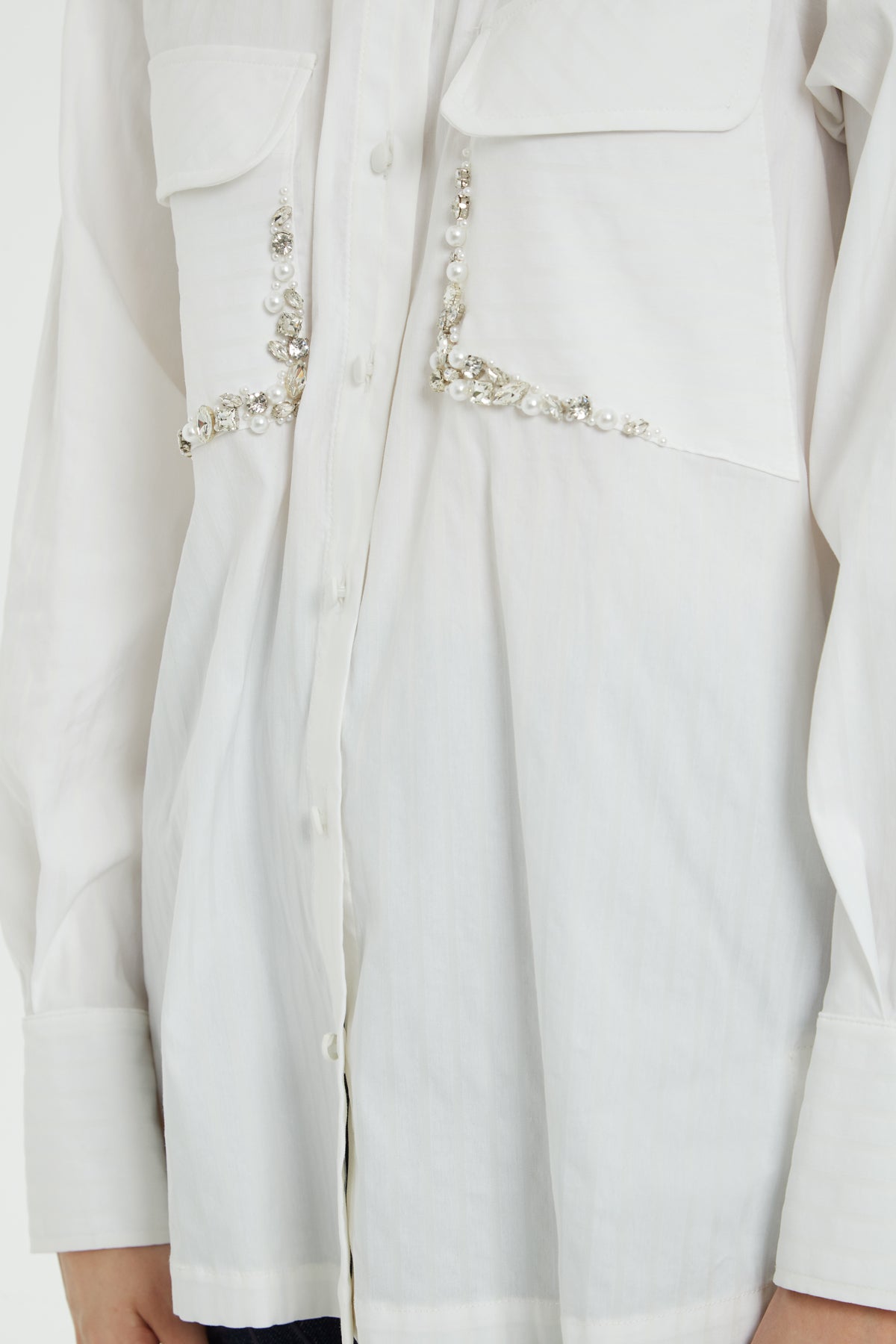 White Embroidered-Pocket Cotton Shirt
