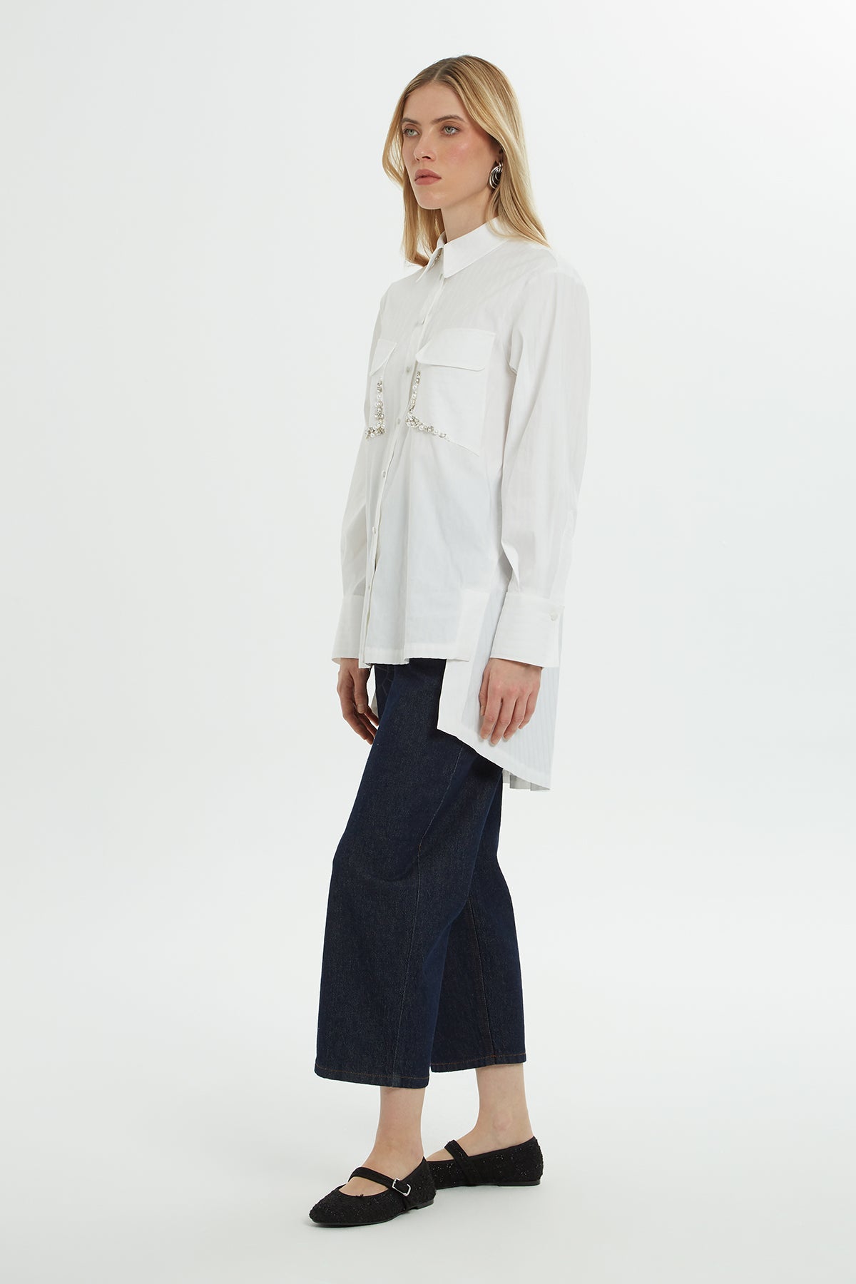 White Embroidered-Pocket Cotton Shirt
