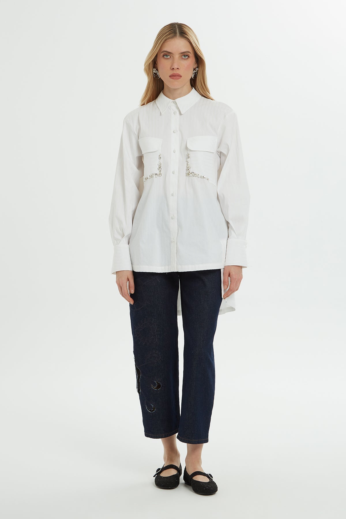 White Embroidered-Pocket Cotton Shirt