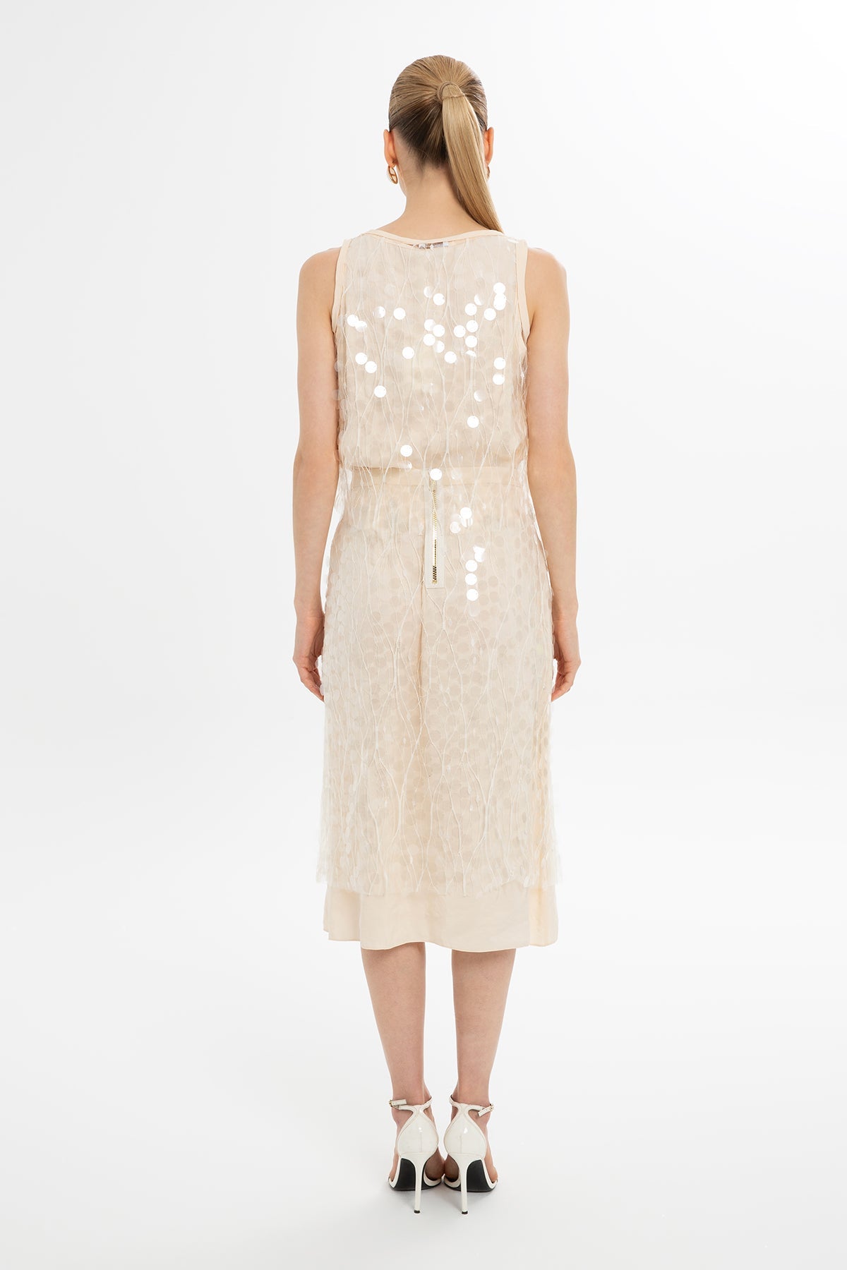 Ecru Sequin-Detail Midi Skirt