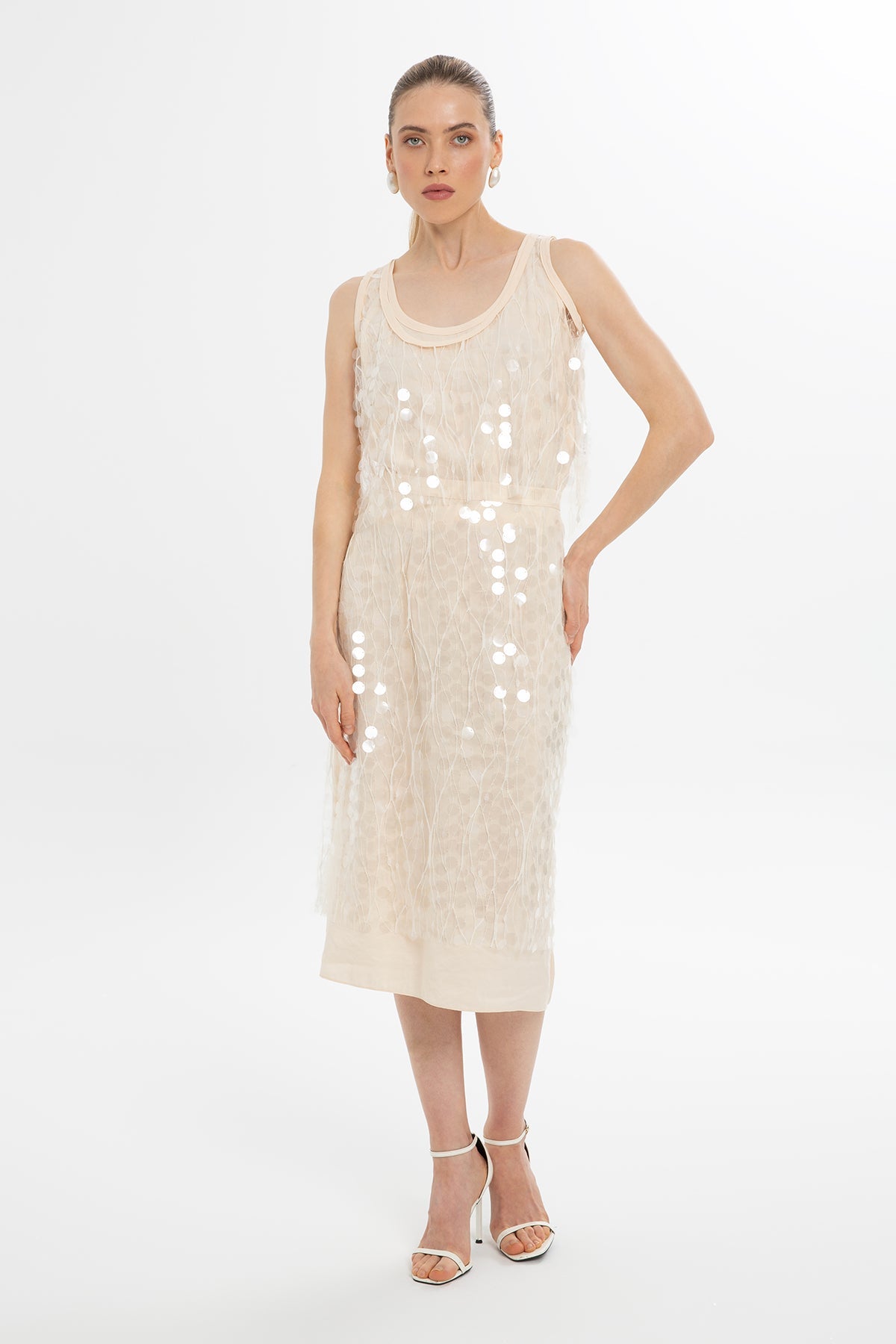 Ecru Sequin-Detail Midi Skirt