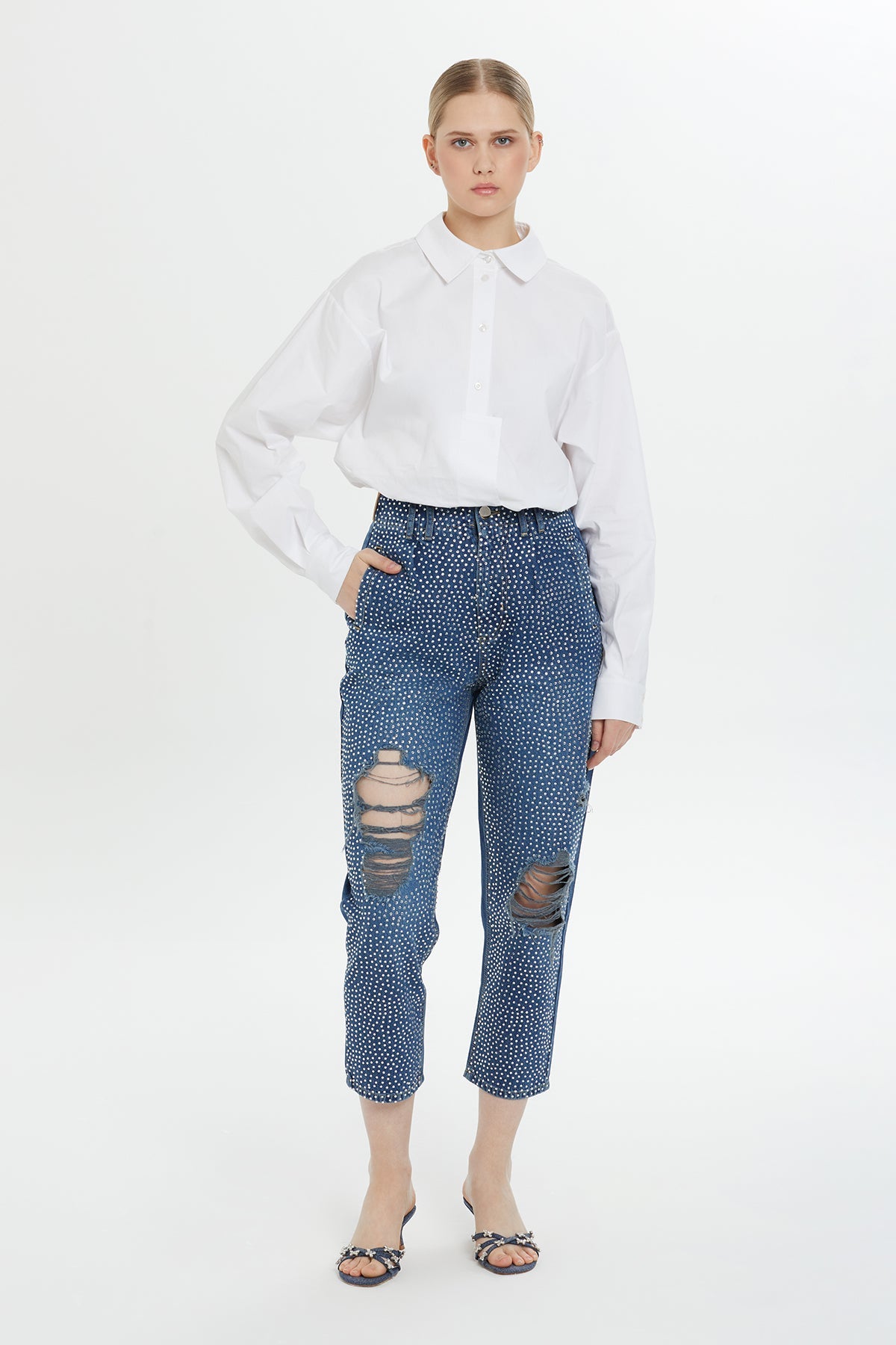 Faded Jacron Detailed Mom Jeans