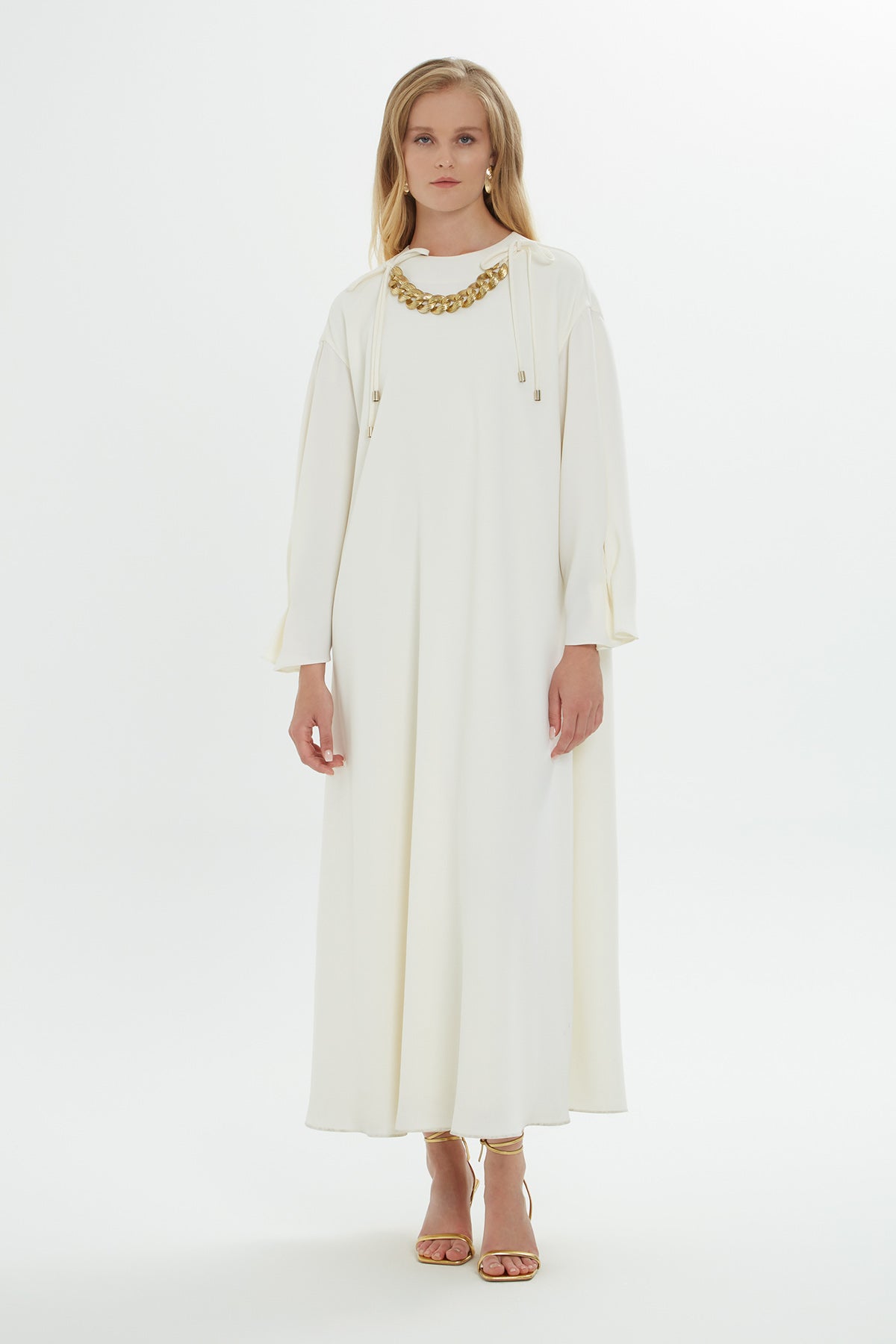 Ecru Accessory-Detail Midi Dress