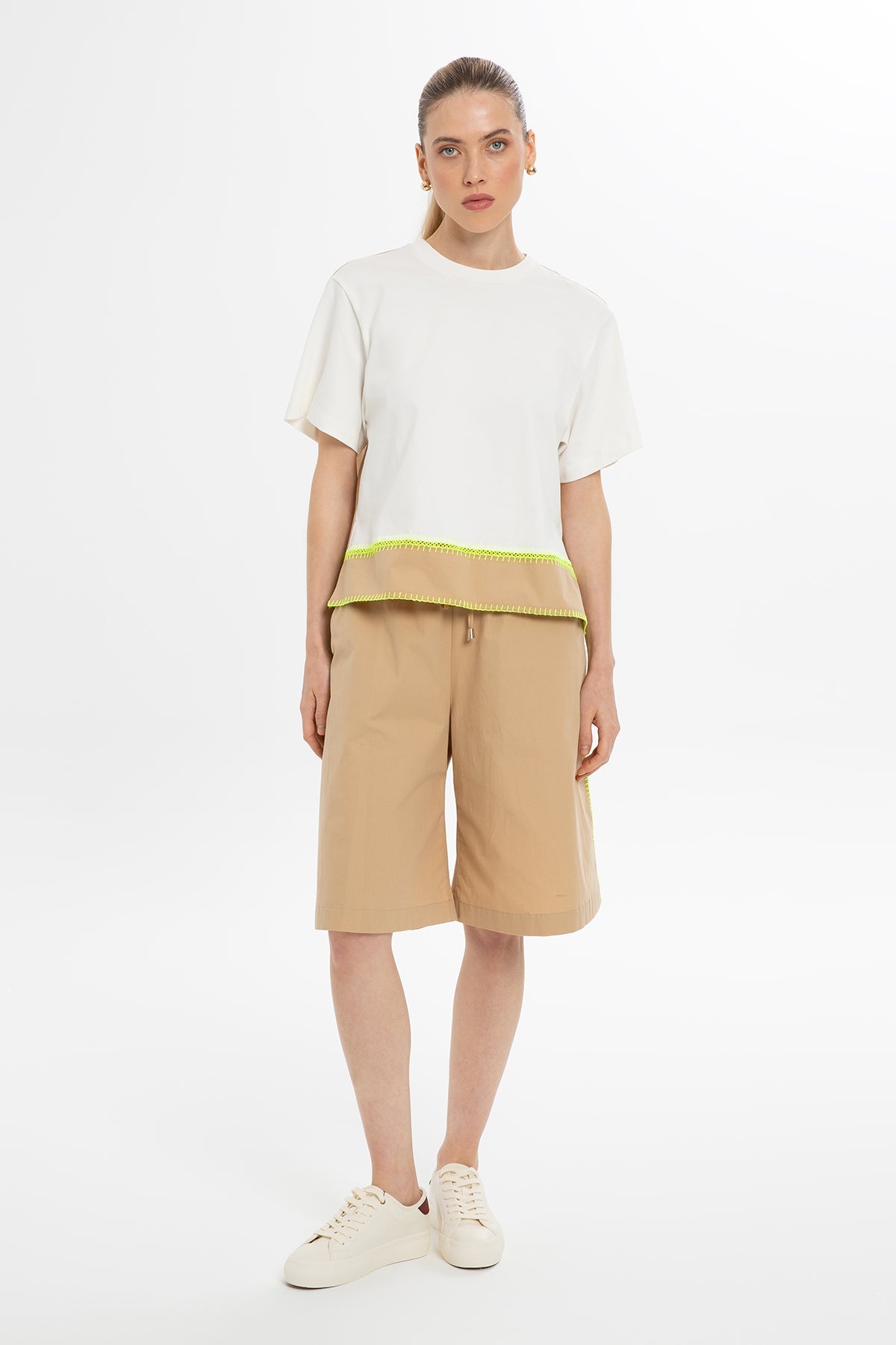 Beige Neon-Stitch Side Shorts