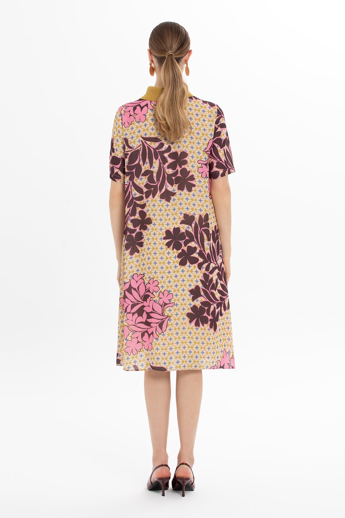 Printed Midi Dress with Ribbed Collar