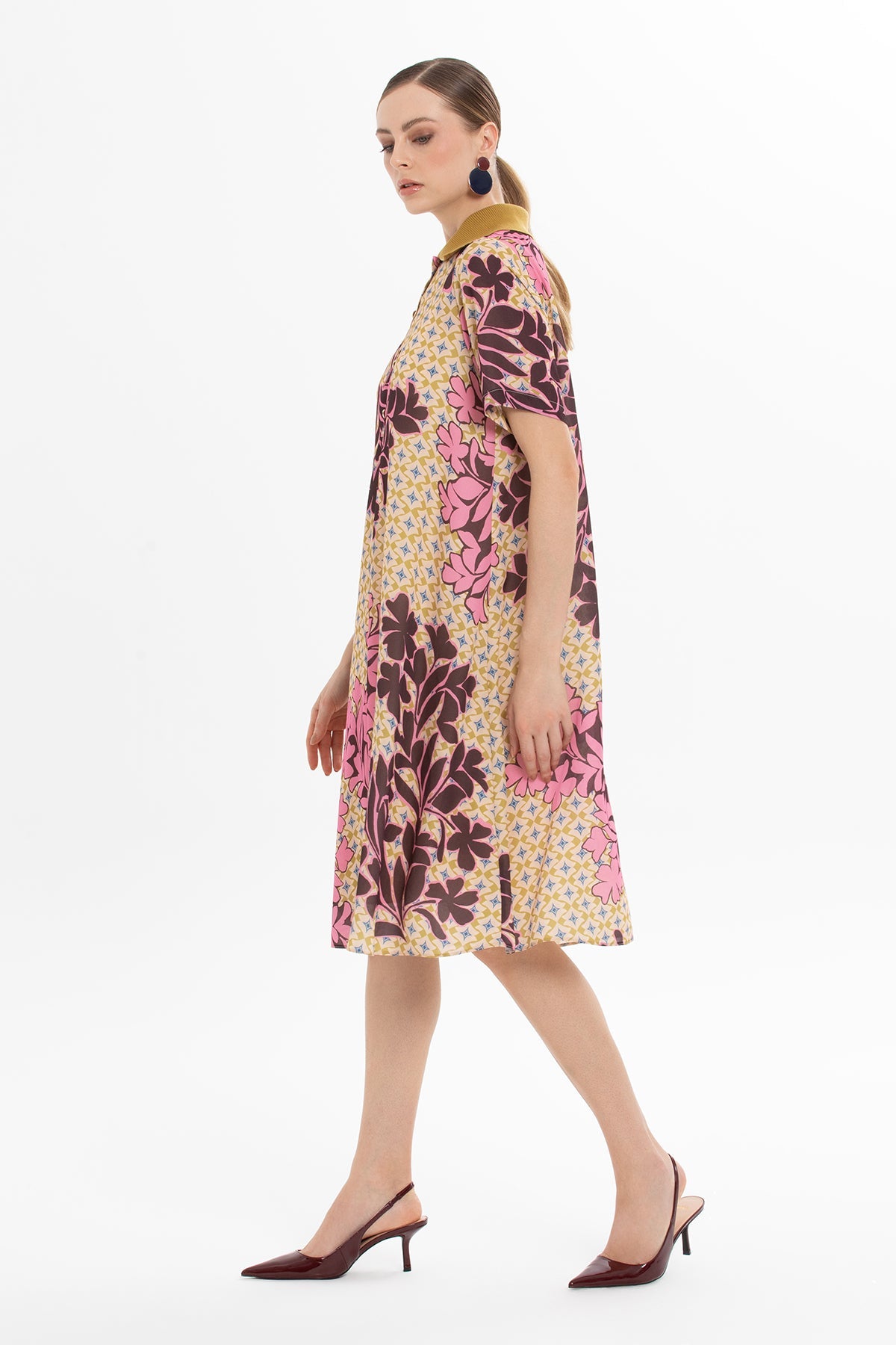 Printed Midi Dress with Ribbed Collar