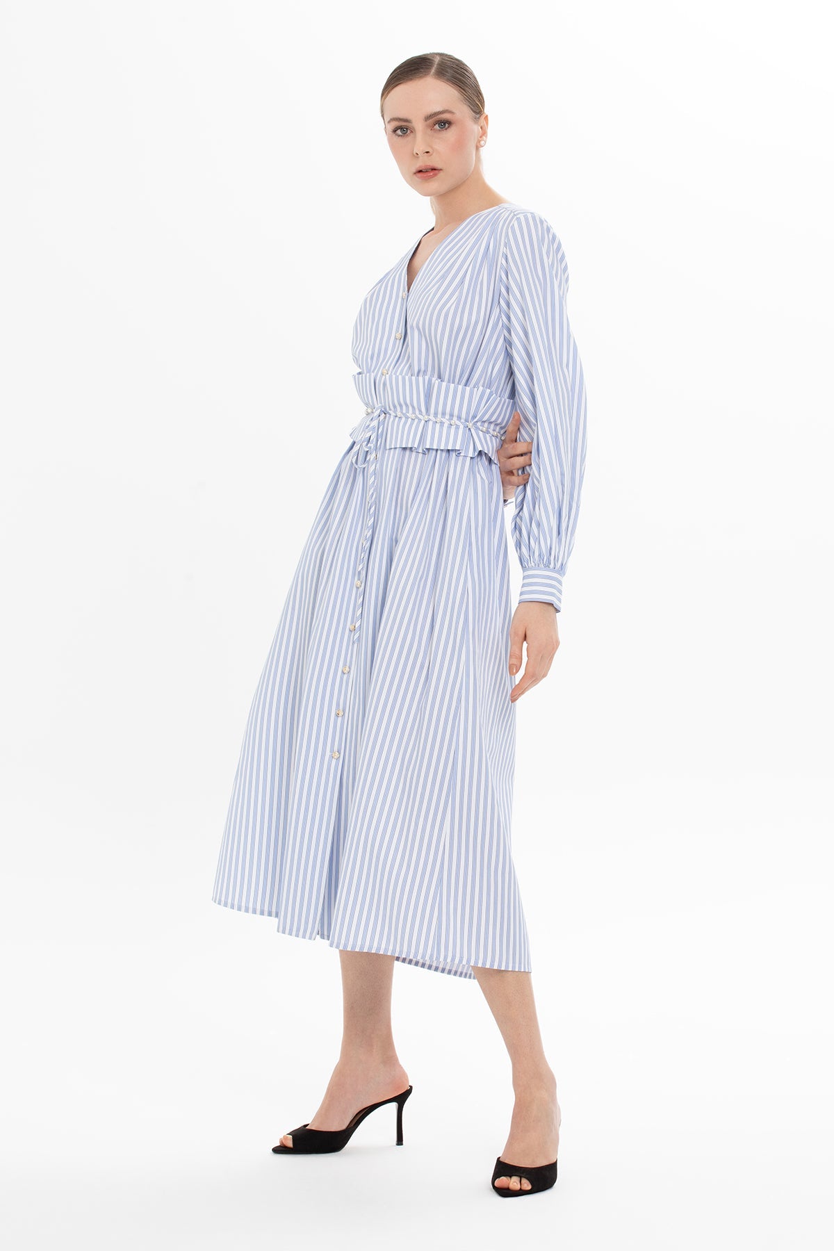 Blue Striped Dress with Belt Detail