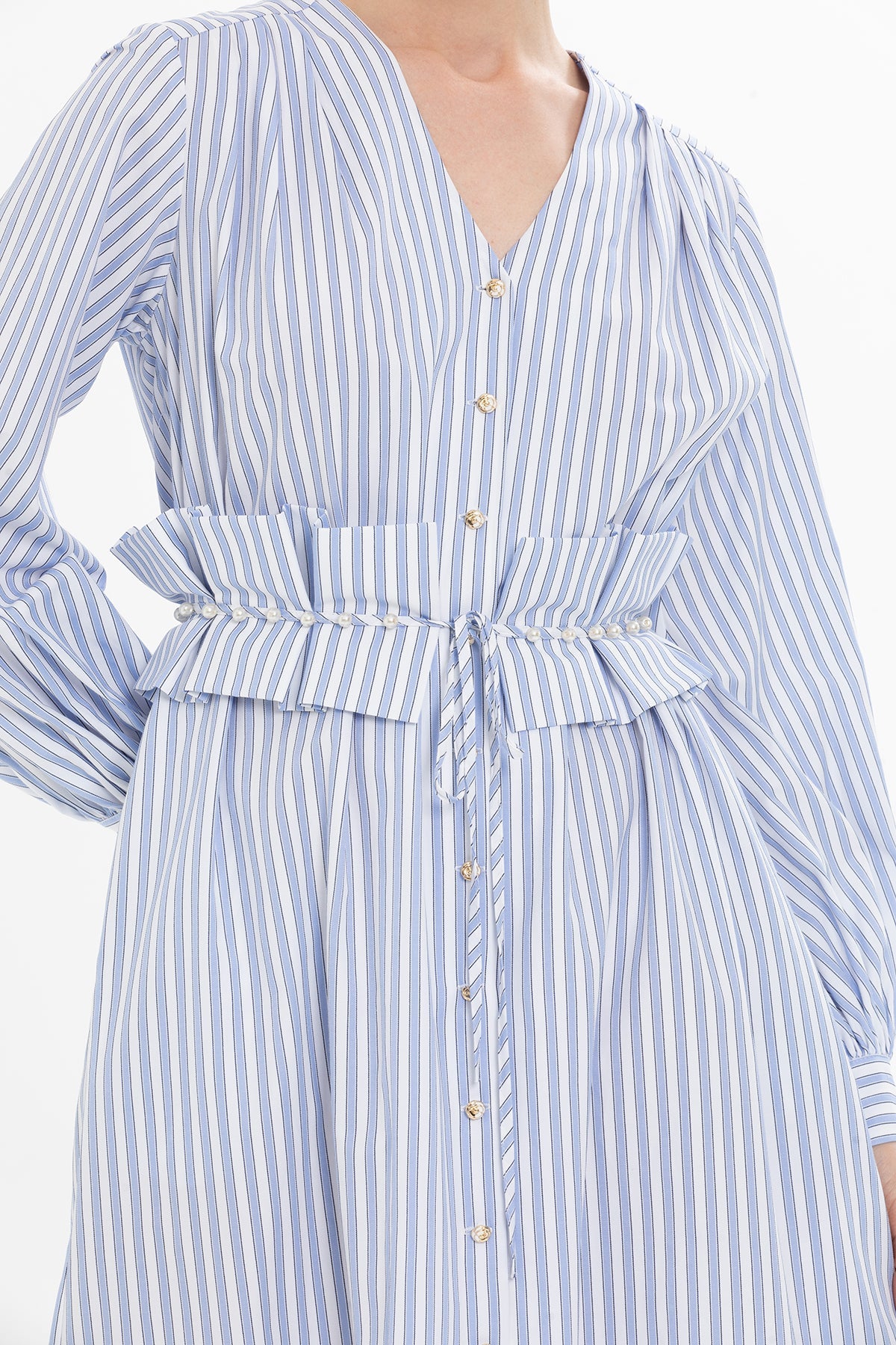 Blue Striped Dress with Belt Detail