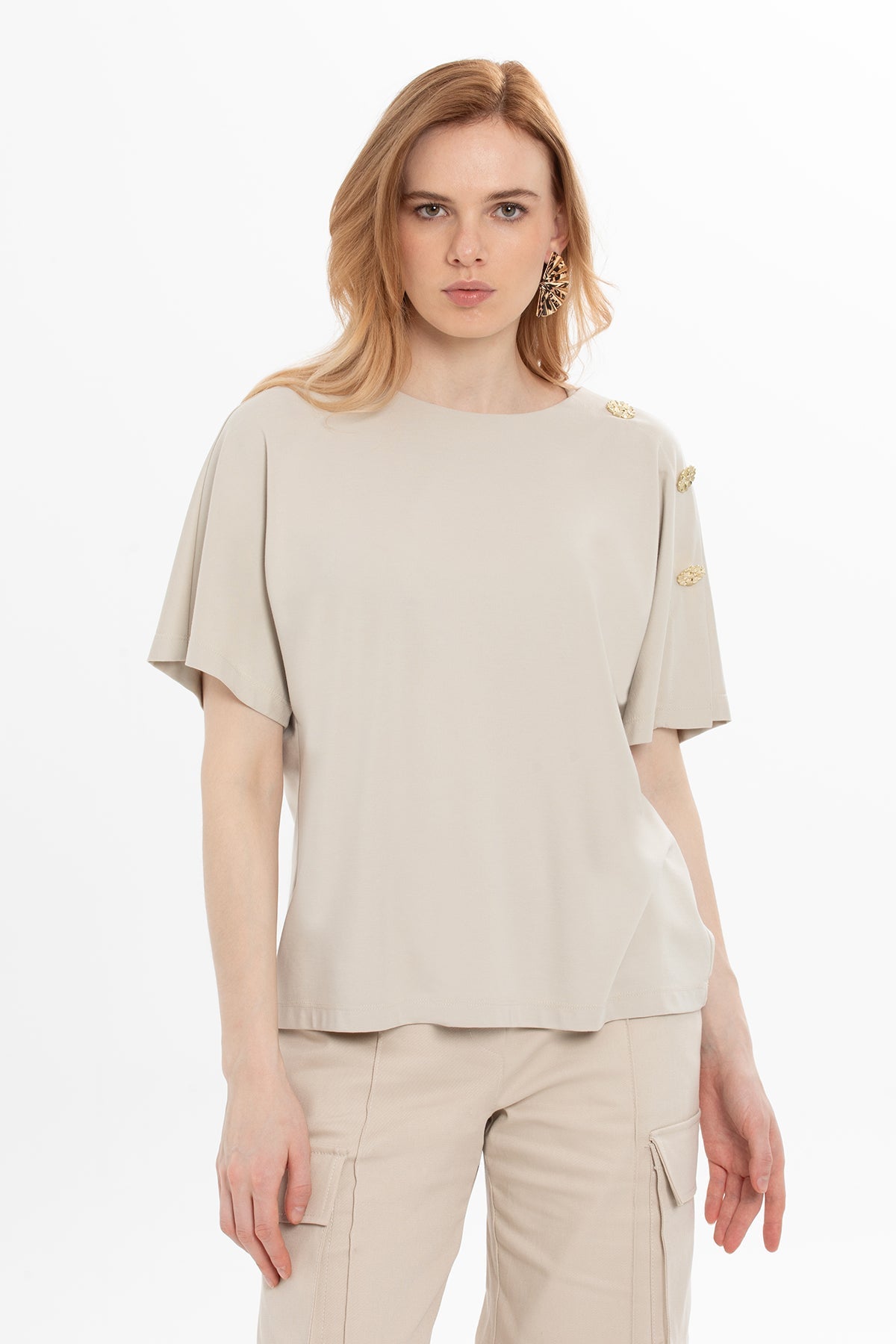 Beıge Blouse with Shoulder-Accessory Detail